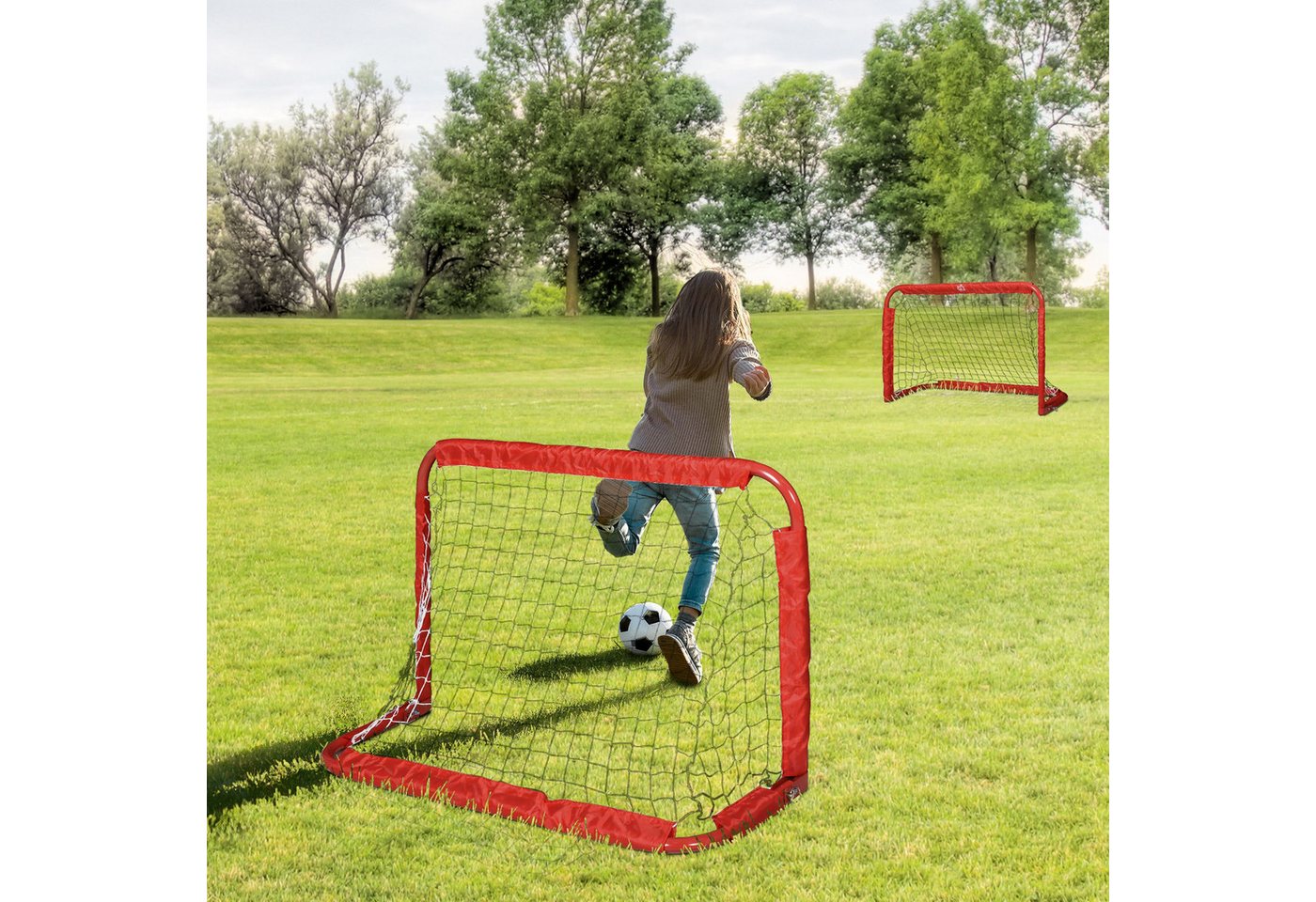 HOMCOM Fußballtor Klappbar Fussballtore mit Metallrahmen für Kinder und Erwachsene (Fußballnetz, 2 St., inkl. Heringe und Werkzeug), Garten, 90 x 36 x 60 cm, Rot