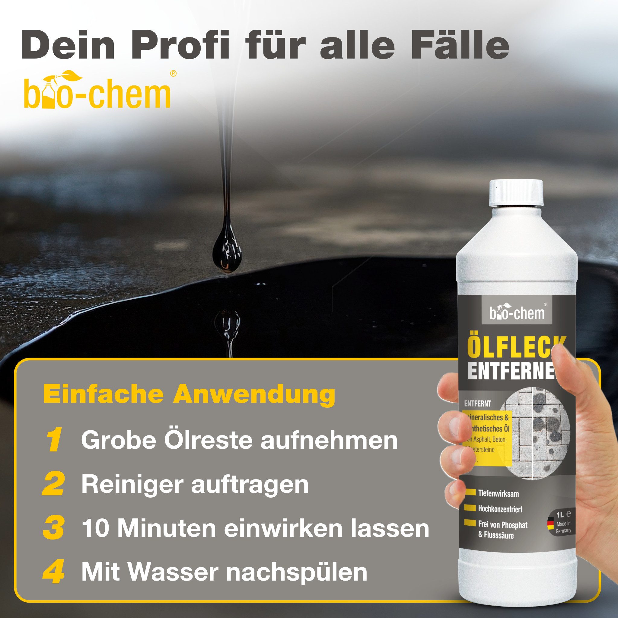 bio-chem Ölfleckentferner 1L – Asphalt, Beton & Pflaster – bio-chem Fleckentferner