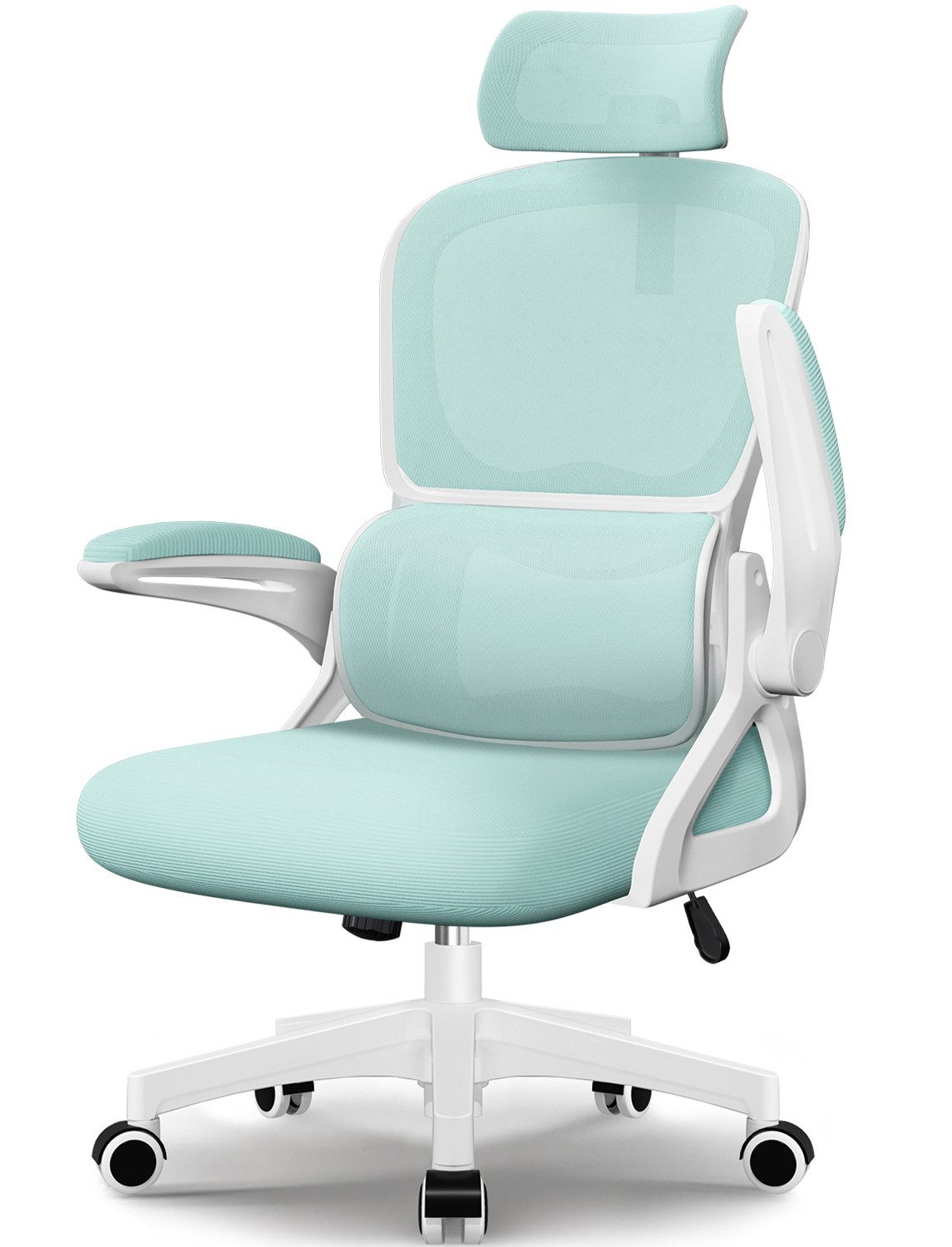 Homimaster Bürostuhl Bürostuhl, Schreibtischstuhl Ergonomisch mit Klappbaren Armlehnen (Bürostuhl mit Verstellbarer Kopfstütze, 90° Klappbare Armlehnen und Lendenwirbelstütze, Höhenverstellbarer Chefsessel aus Mesh), Bürostuhl mit maximaler Neigung von 135°, bis 150 kg belastbar