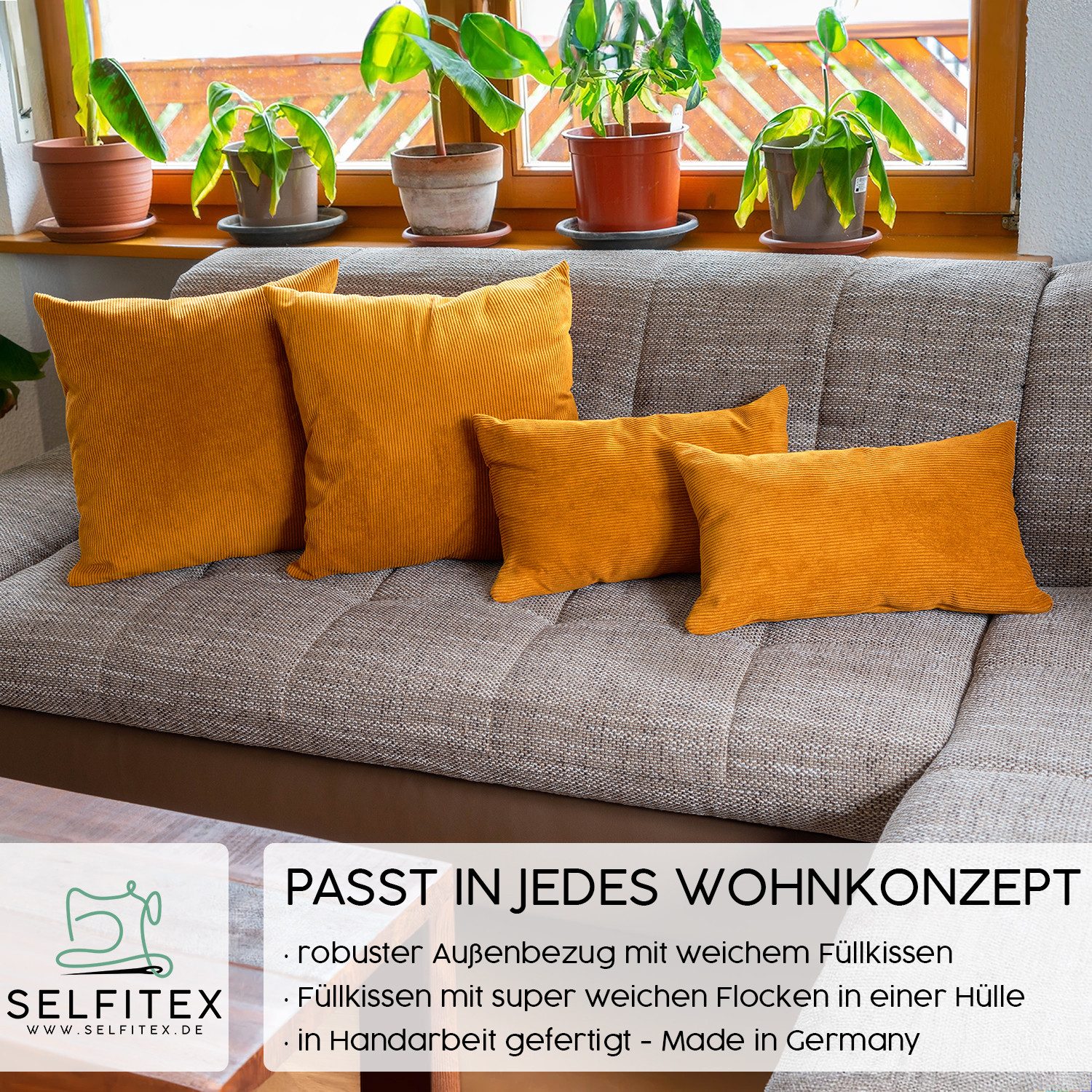 Selfitex Dekokissen 4er Set Cord Kissen inkl. Füllkissen, 2x 50x50 & 2x 30x50, robuster Bezug mit satten Farben, weiches Füllkissen