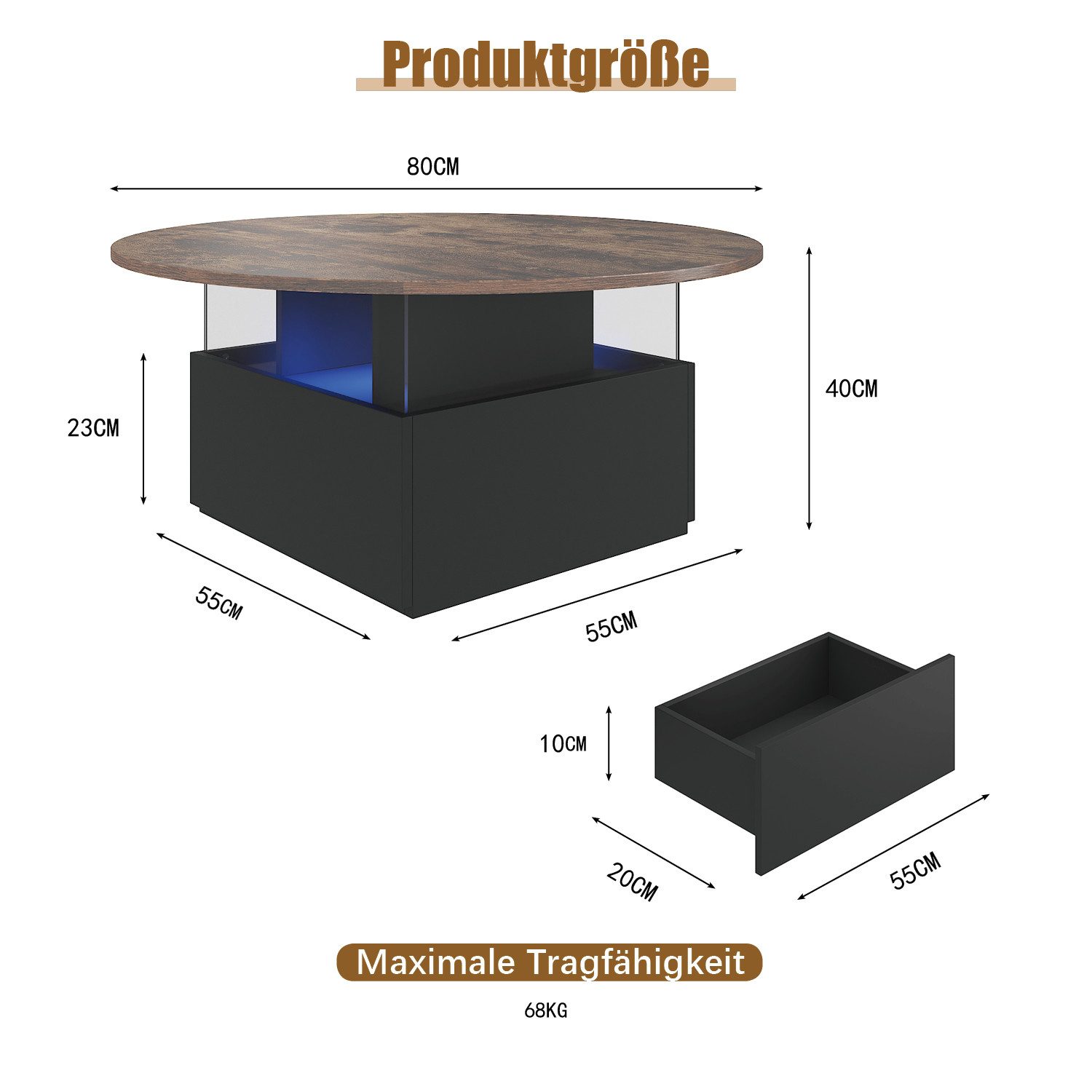 radelldar Couchtisch mit LED-Beleuchtung und 2 Schubladen, Wohnzimmertisch 80x40cm (1-St), Beistelltisch mit runder Platte und extra Ausstellungsfläche