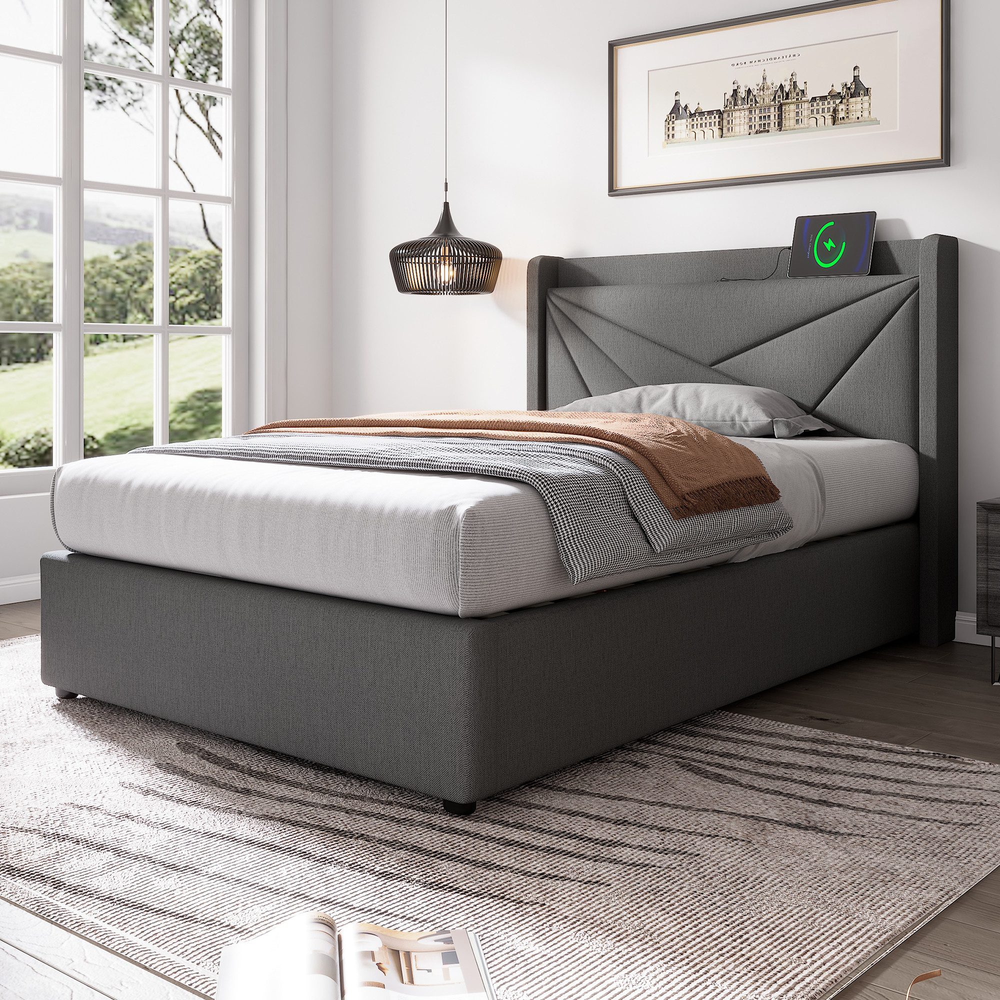 Flieks Polsterbett, Massivholz Stauraumbett mit USB/Typ-C Ladeanschluss 90x200cm Leinen