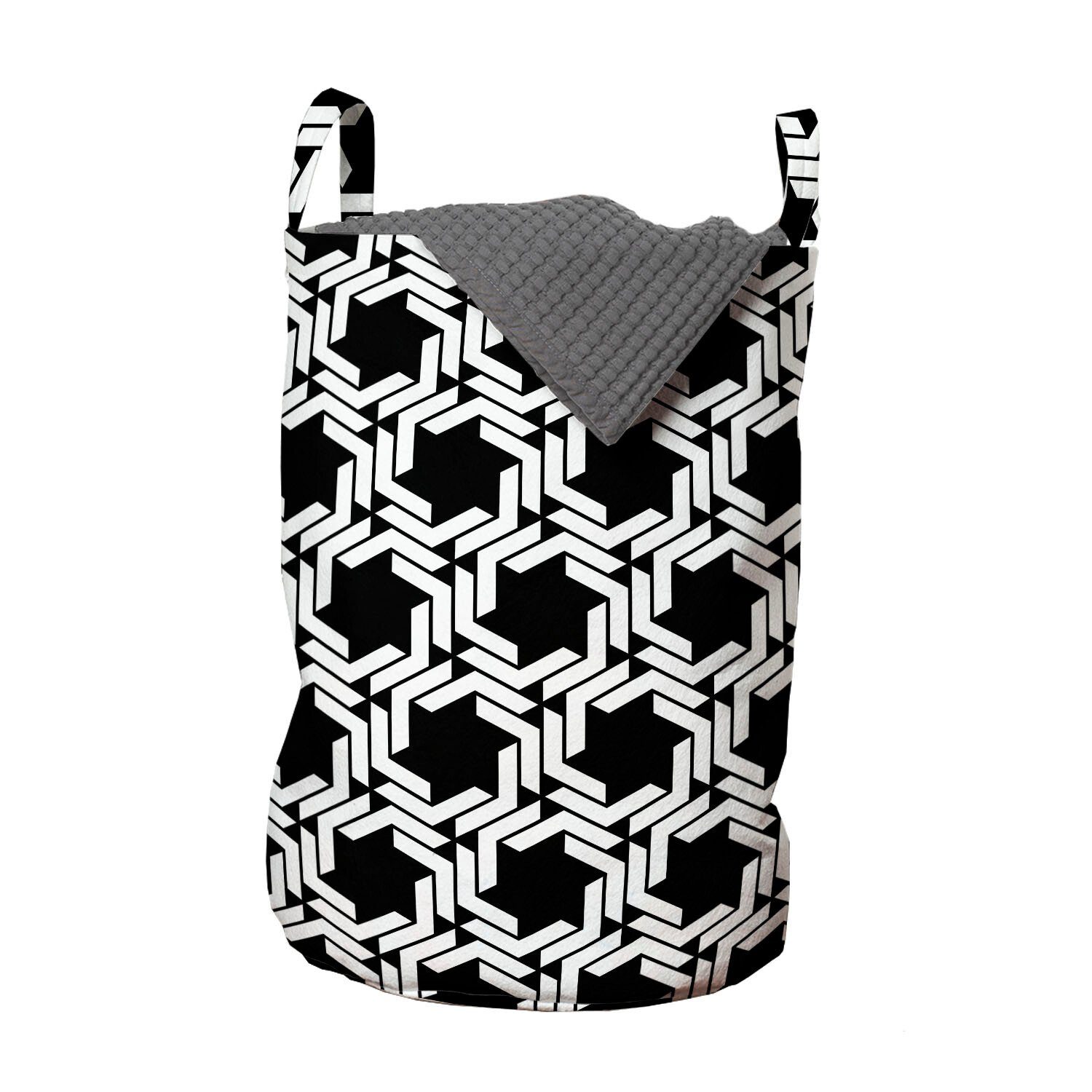 Abakuhaus Wäschesäckchen Wäschekorb mit Griffen Kordelzugverschluss für Waschsalons, Schwarz und weiß Spiral Hexagons | Wäschesäcke