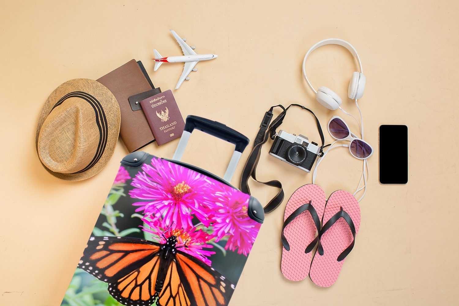 Reisetasche Botanisch Reisekoffer Handgepäck Trolley, - - 4 MuchoWow mit Handgepäckkoffer Schmetterling Ferien, für Blume, Rollen, rollen,