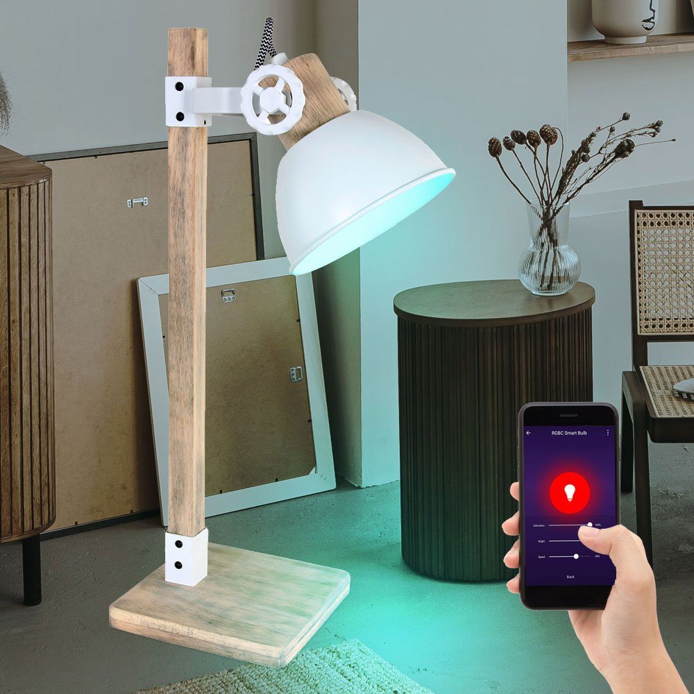 etc-shop Smarte LED-Leuchte, Leuchtmittel inklusive, Kaltweiß, Warmweiß, Neutralweiß, Tageslichtweiß, Farbwechsel, Smart Vintage Schreib Tisch Leuchte Alexa Google weiß Holz