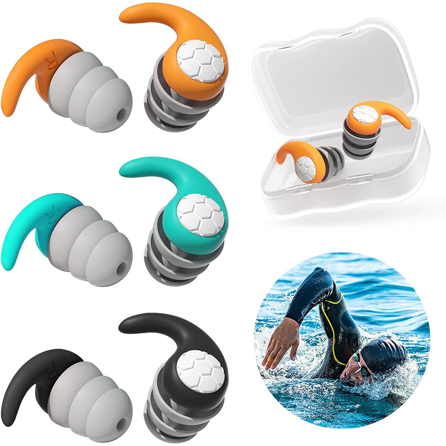 TUWENA Schwimm-Ohrstöpsel 3 Paar Schwimmen Erwachsene Wasserdichte Silikon Ohrenschutz, für Schwimmen Surfen Duschen Schlafen und Wassersportarten