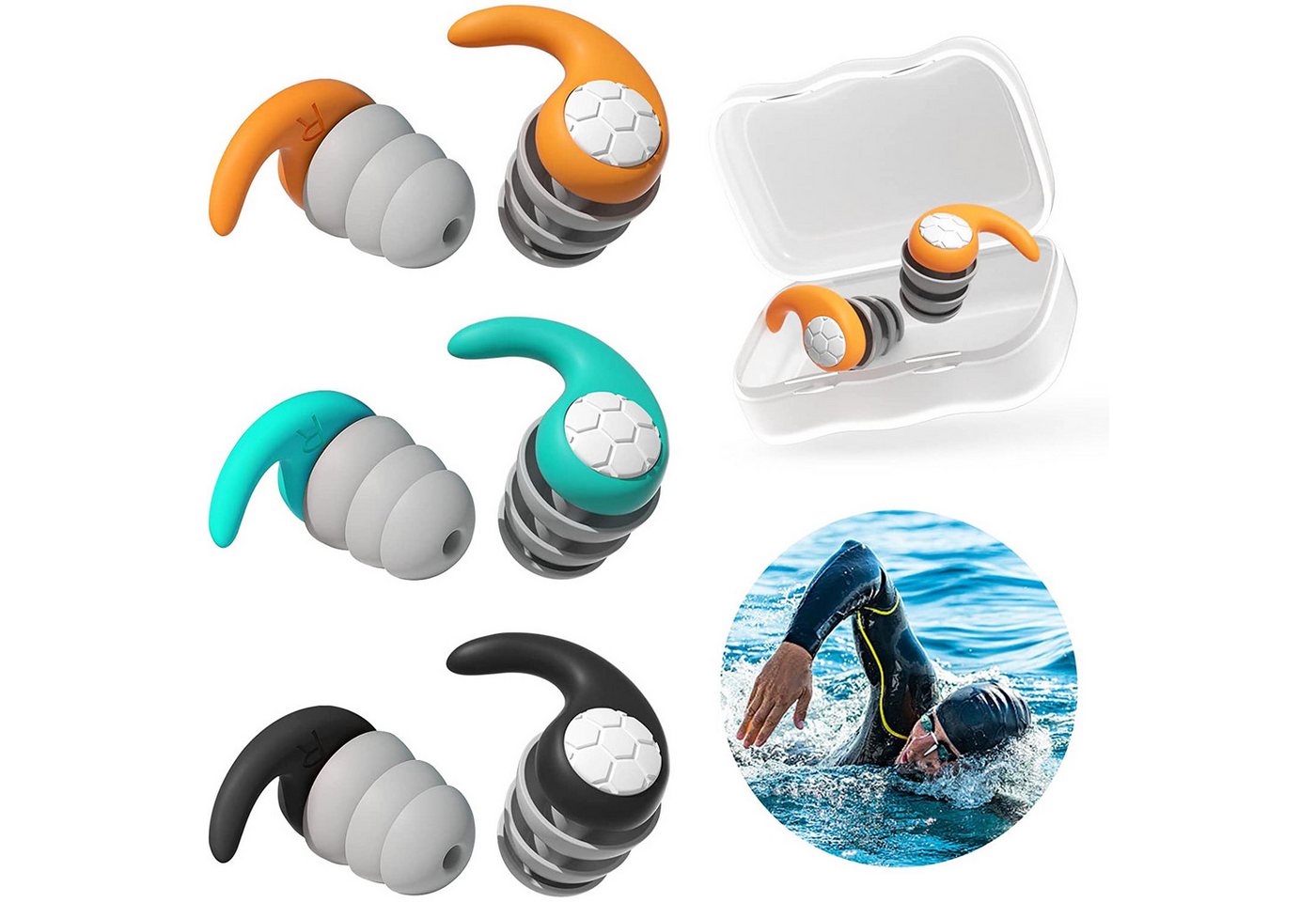 TUWENA Schwimm-Ohrstöpsel 3 Paar Schwimmen Erwachsene Wasserdichte Silikon Ohrenschutz, für Schwimmen Surfen Duschen Schlafen und Wassersportarten
