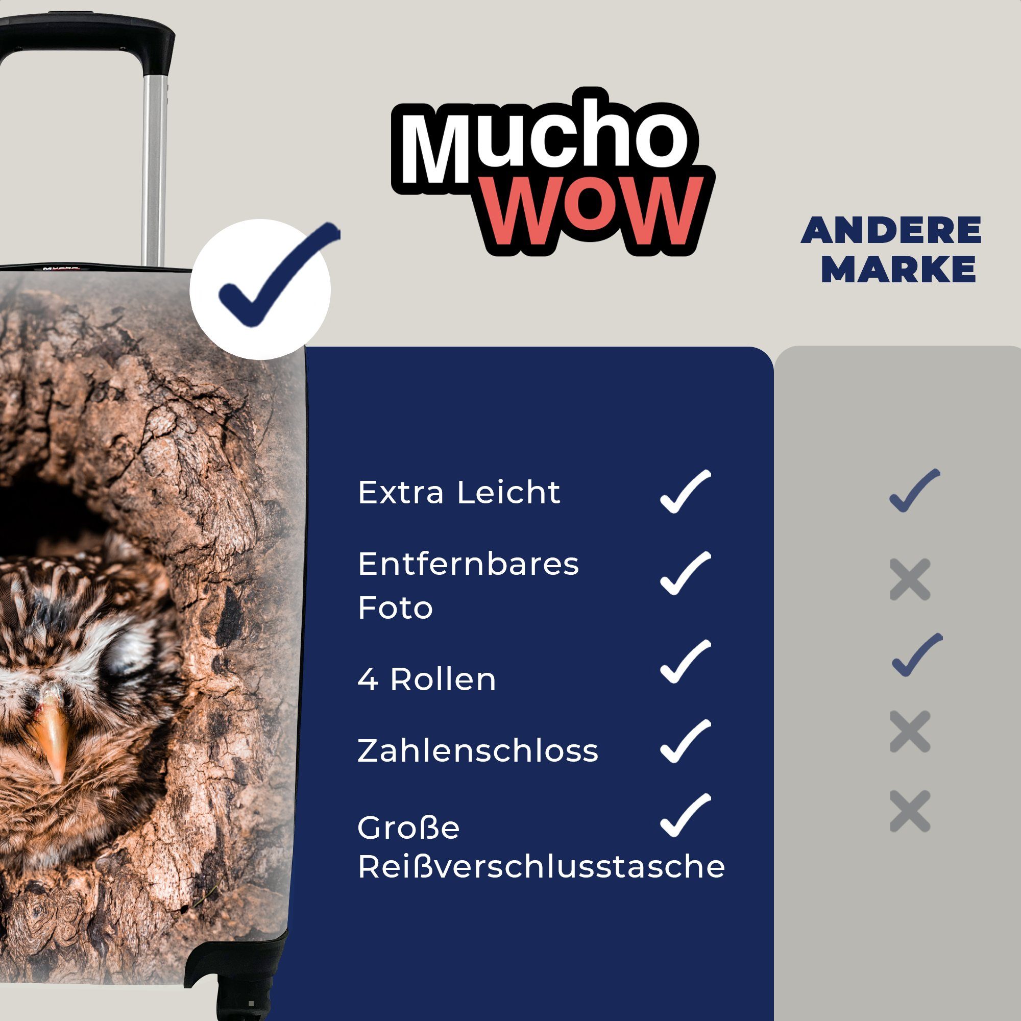MuchoWow Handgepäckkoffer Eule - Schlaf Reisekoffer Baum, 4 für Ferien, Trolley, Rollen, rollen, Reisetasche - mit Handgepäck