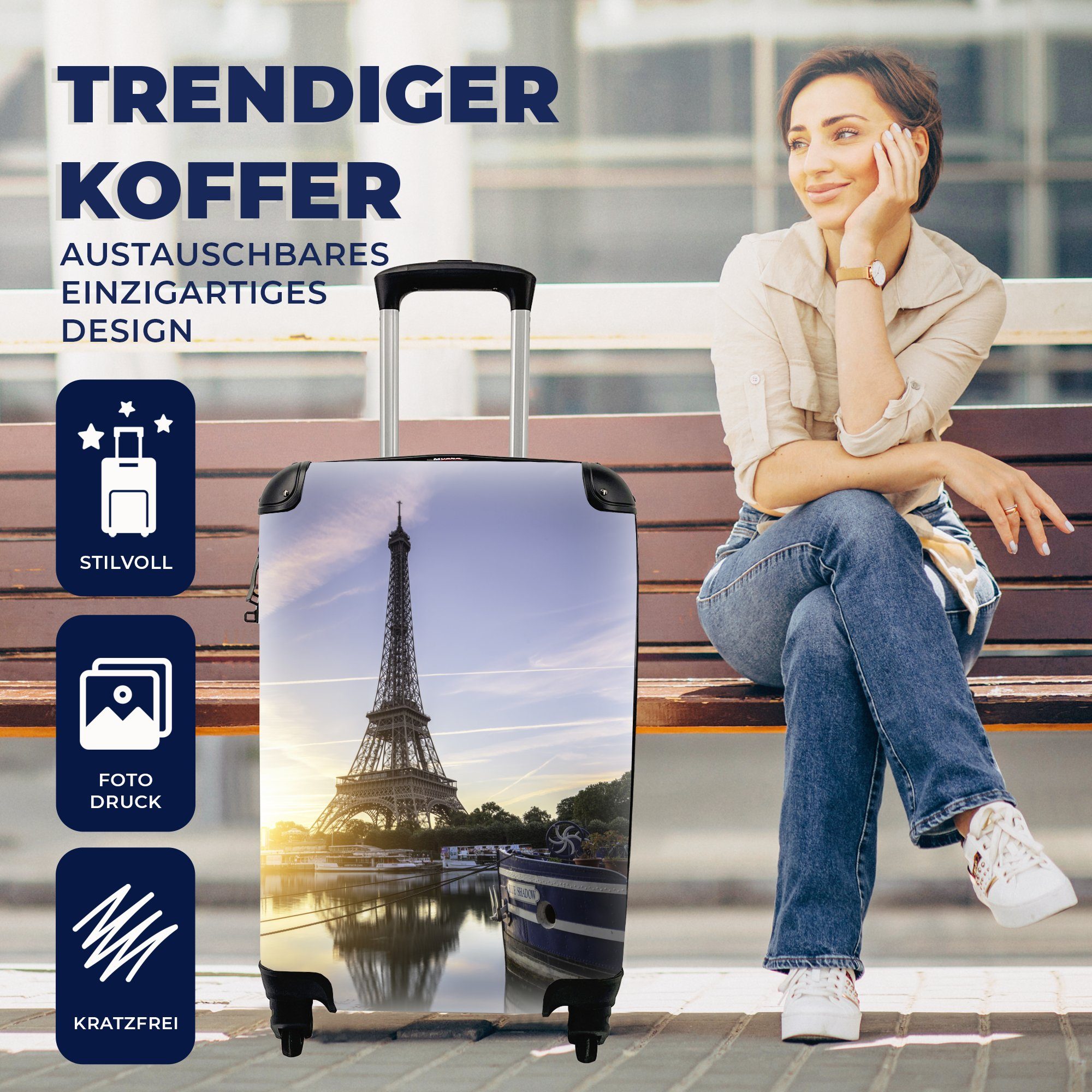 Handgepäck 4 Handgepäckkoffer Trolley, Eiffelturm mit Reisetasche - rollen, Reisekoffer - Ferien, für Wasser, MuchoWow Paris Rollen,