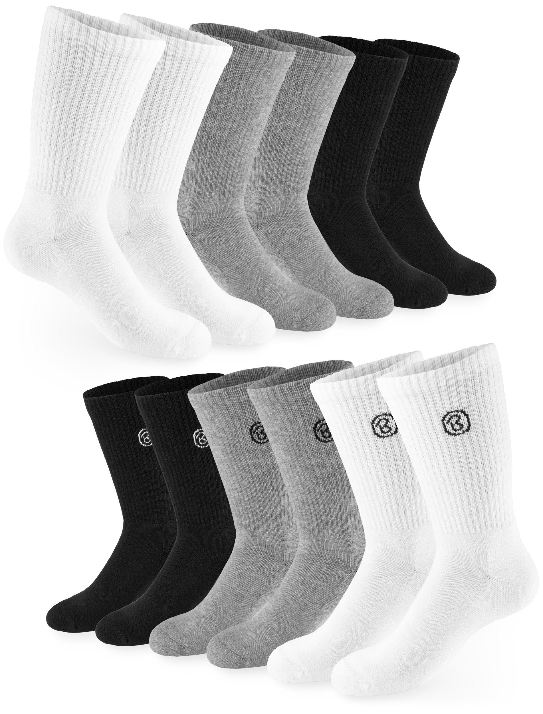 Fitness Crew und Polyester Socken Baumwollsocken (Set, und - Damen 6 Paar) Farbmix - Tennissocken Lange BRUBAKER aus Sportsocken Unisex für Herren Baumwolle Socks