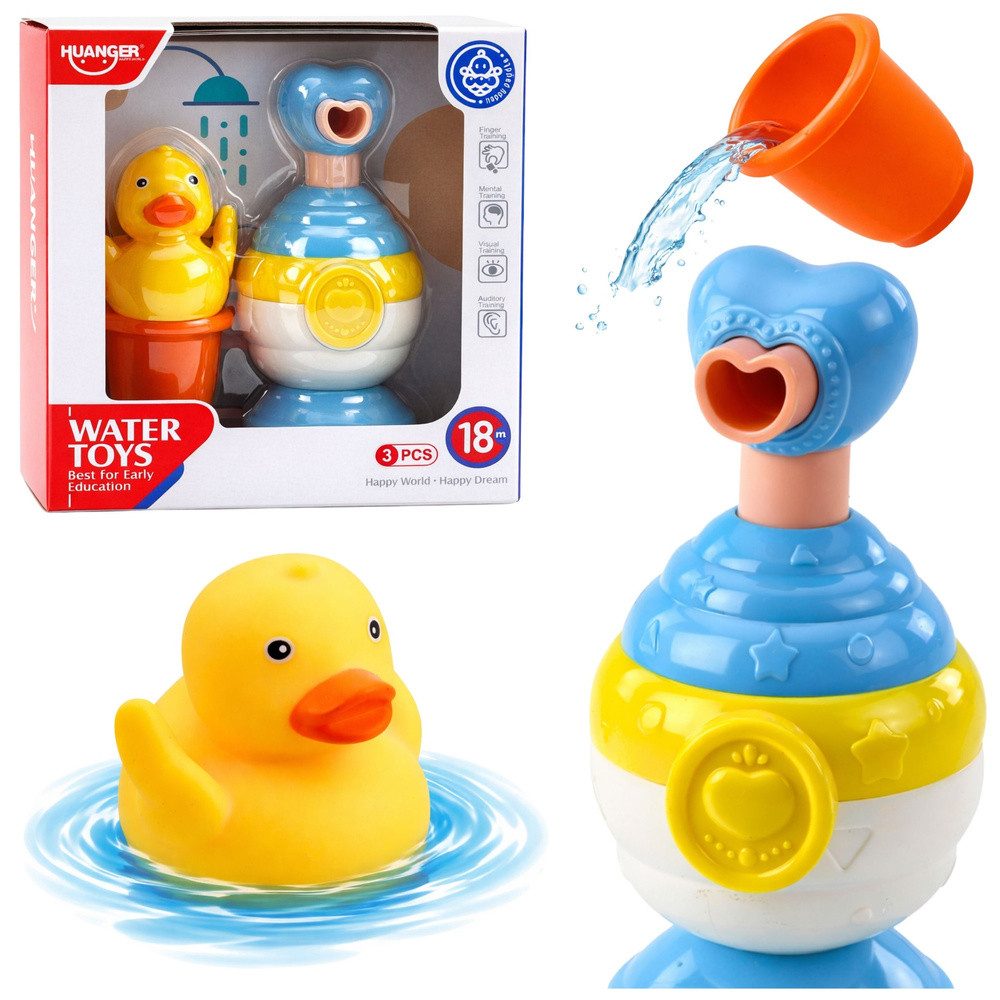 LEAN TOYS Badespielzeug Wasserspielzeug Schaumseifenspender Badeente (3-tlg), Schaumseifenspender, Gießbecher, Schwimmente, ab 18 Monaten