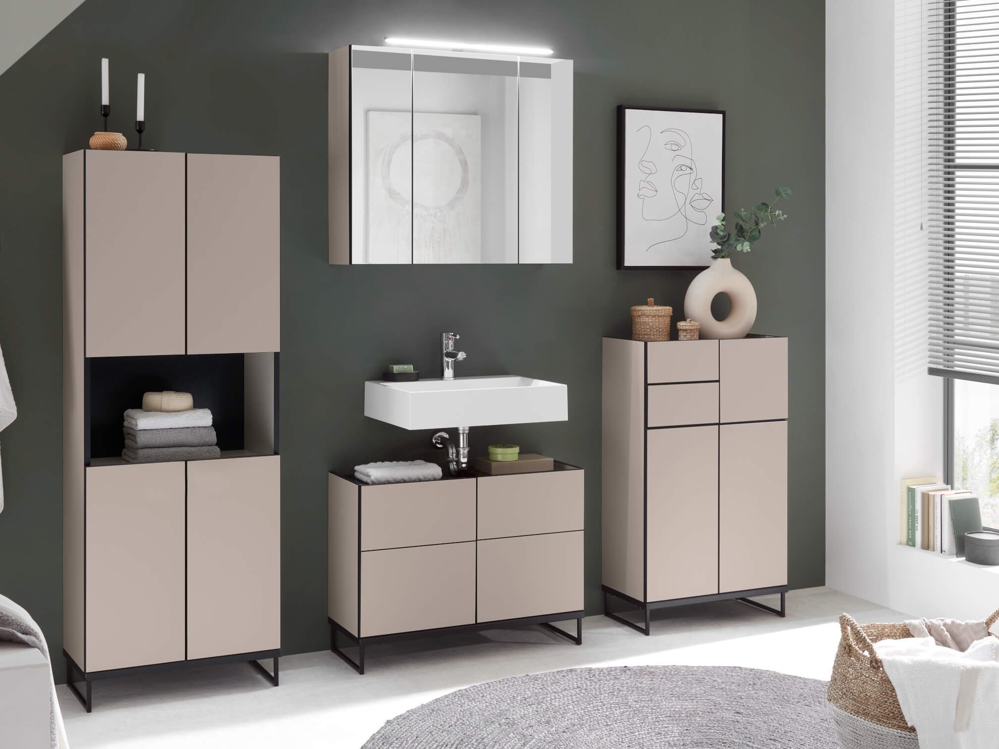 moebel-dich-auf Badmöbel-Set VENEZIA, (inklusive LED-Beleuchtung, kaschmir Spiegelschrank WBU optional mit Hoch-/Highboard), Metall Füße