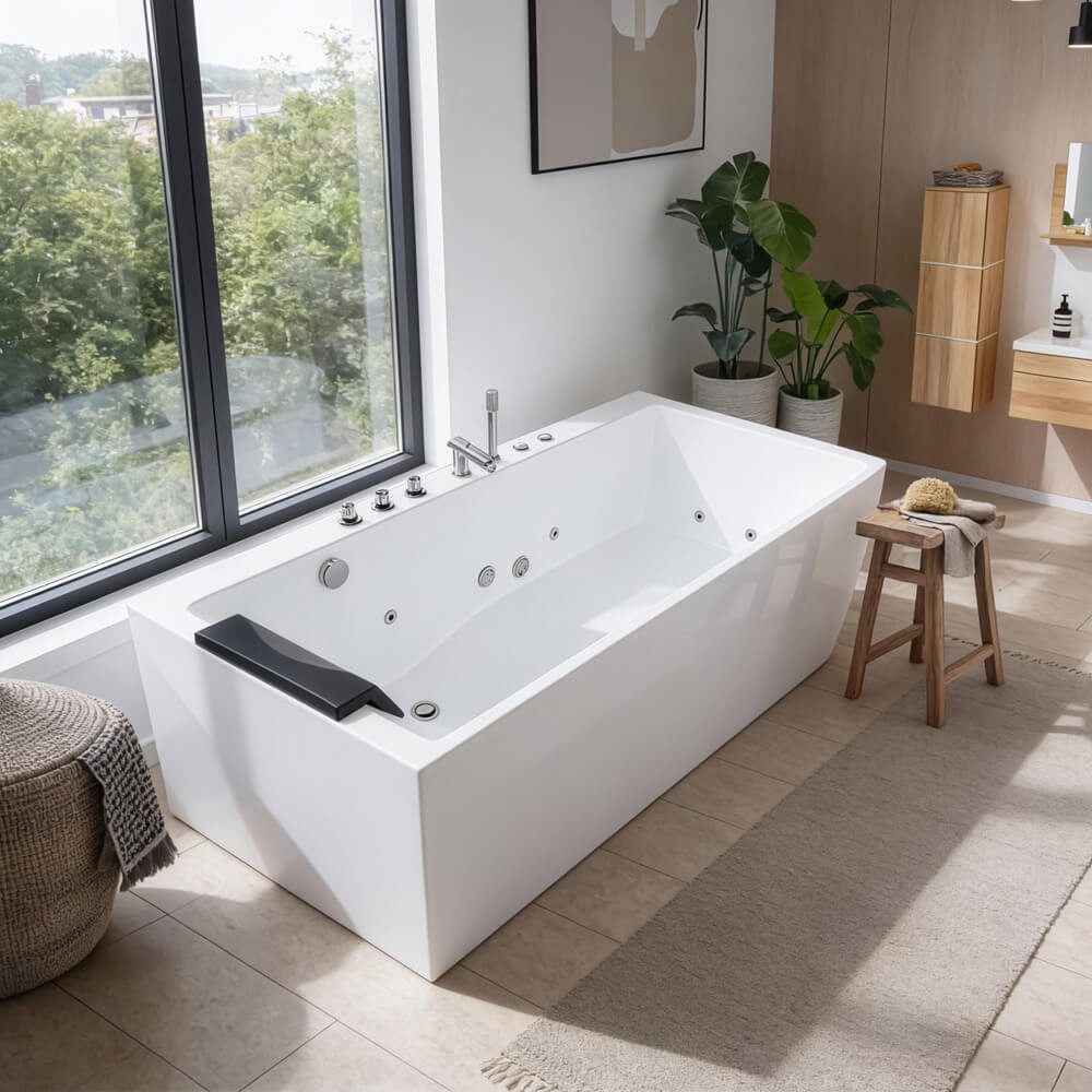 HOME DELUXE Whirlpool Badewanne mit ergonomischer Form BAKAL - 180 x 80 x 60 cm, 9 Whirlpooldüsen, inkl. Armaturen und Zubehör