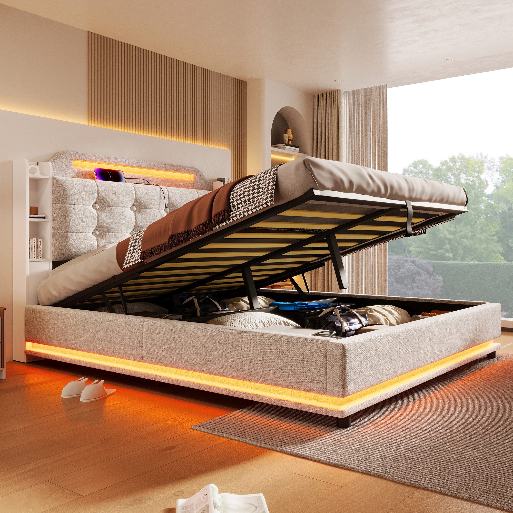 TavilaEcon Boxspringbett aus Leinenstoff und MDF-Umweltplatten, mit LED-Lic günstig online kaufen