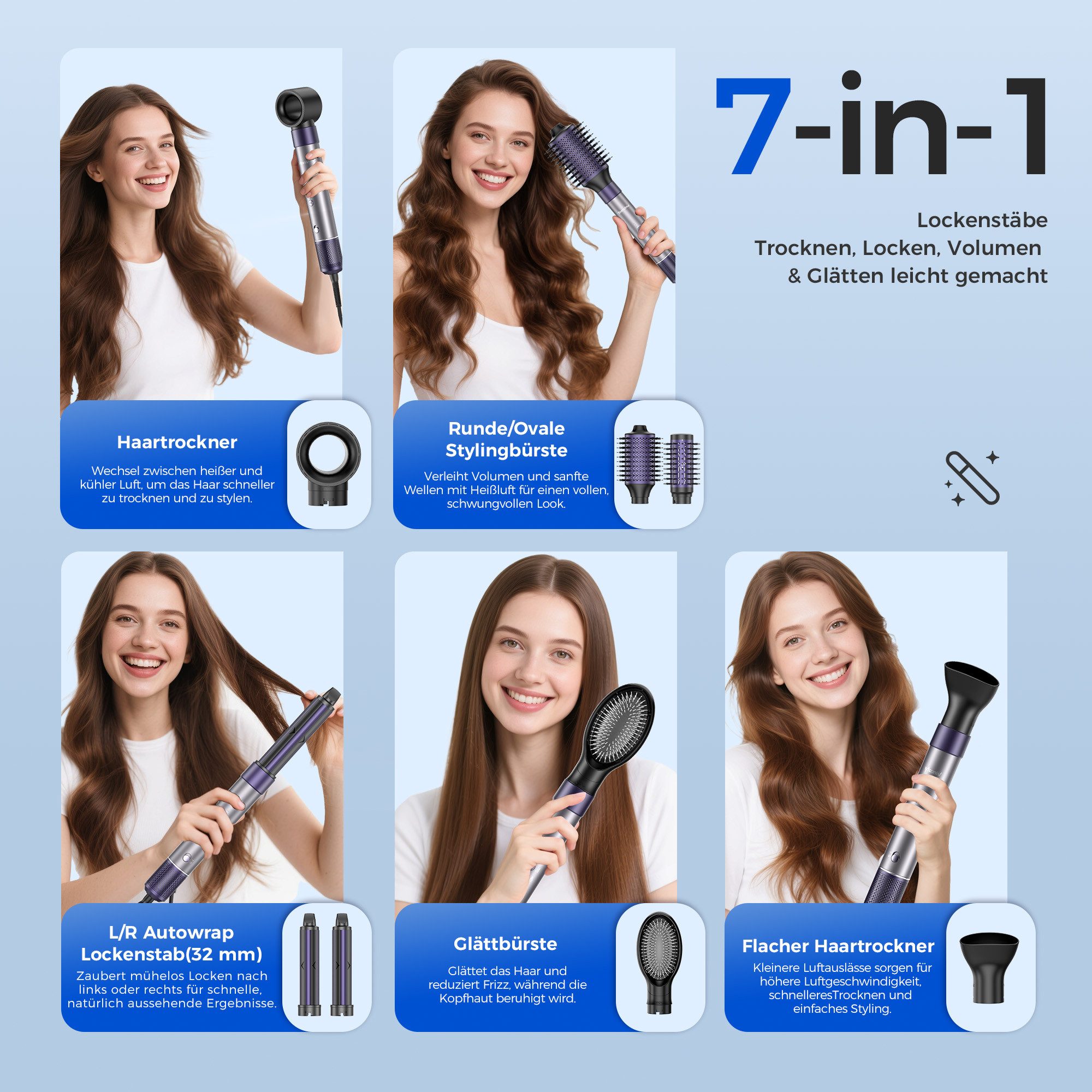 Teendow Multihaarstyler HB-801i Airstyler, Warmluftbürste 1500W, mit Aufbewahrungstasche, 110.000 U/min, 20 m/s Luftstrom, 360° drehbare Stromkabel