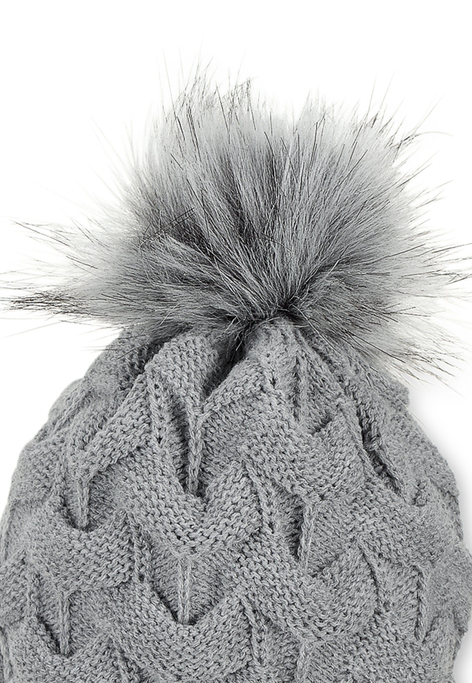 Sterntaler® Strickmütze Strickmütze (1-St., Strick gefüttert mit gefüttert Mütze für mit Baumwollfleece) melange Beanie mit silber Kinder Kunstfell-Pompon Fleece