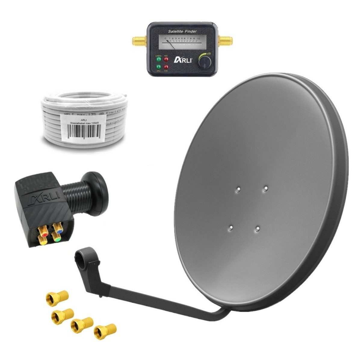 ARLI 60cm HD Sat Anlage grau + Quad LNB + 15m Koaxialkabel + Satfinder SAT-Antenne (60 cm, Stahl, + 4x F-Stecker vergoldet Set 10531)