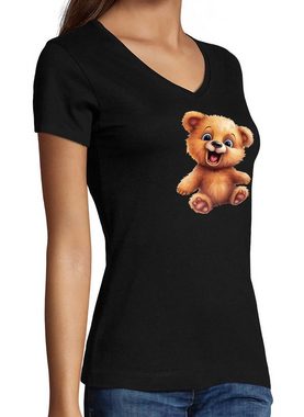 MyDesign24 T-Shirt Damen Wildtier Print Shirt - Baby Teddybär V-Ausschnitt Baumwollshirt mit Aufdruck Slim Fit, i268