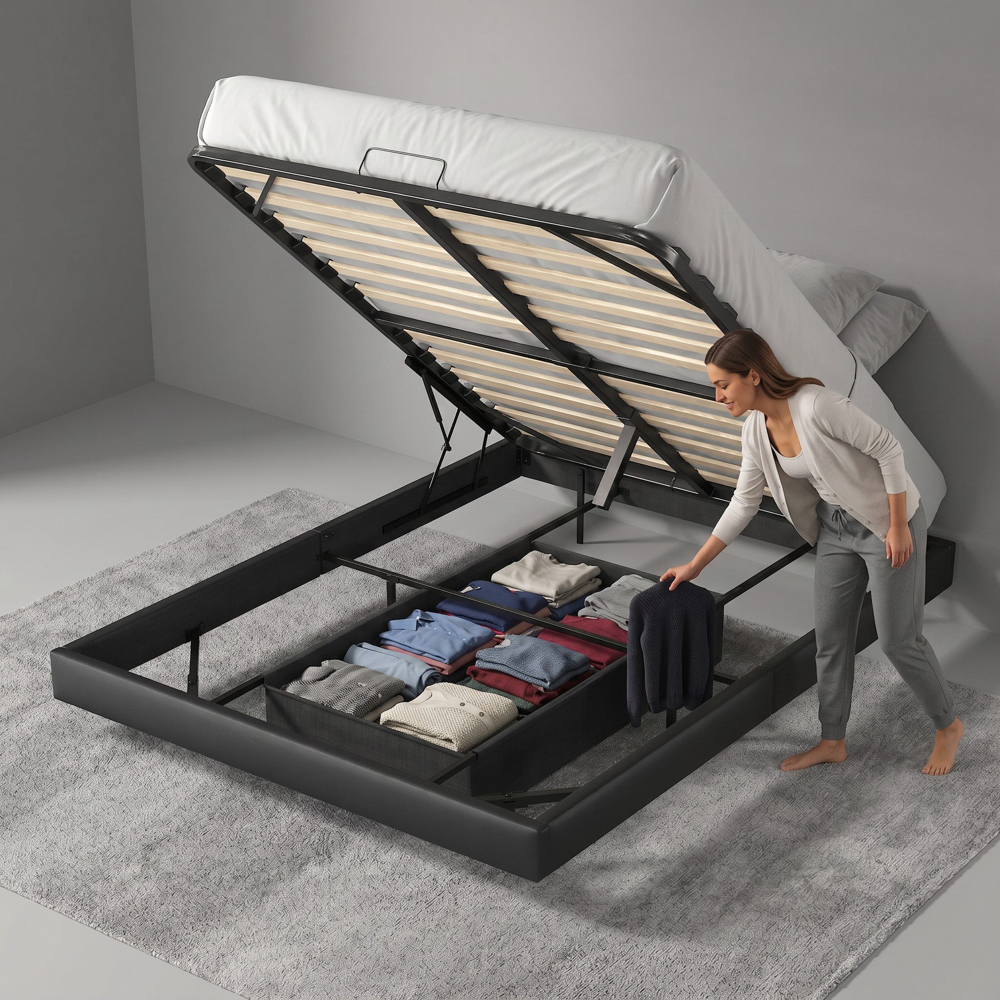 Furnishings Home Polsterbett Doppelbett LED Stauraumbett mit bettkasten (Set, Mit Komforthöhe Lattenrost, Leises Design Bett), Inkl. LED-Beleuchtung, Lattenrost, 160x200cm PU