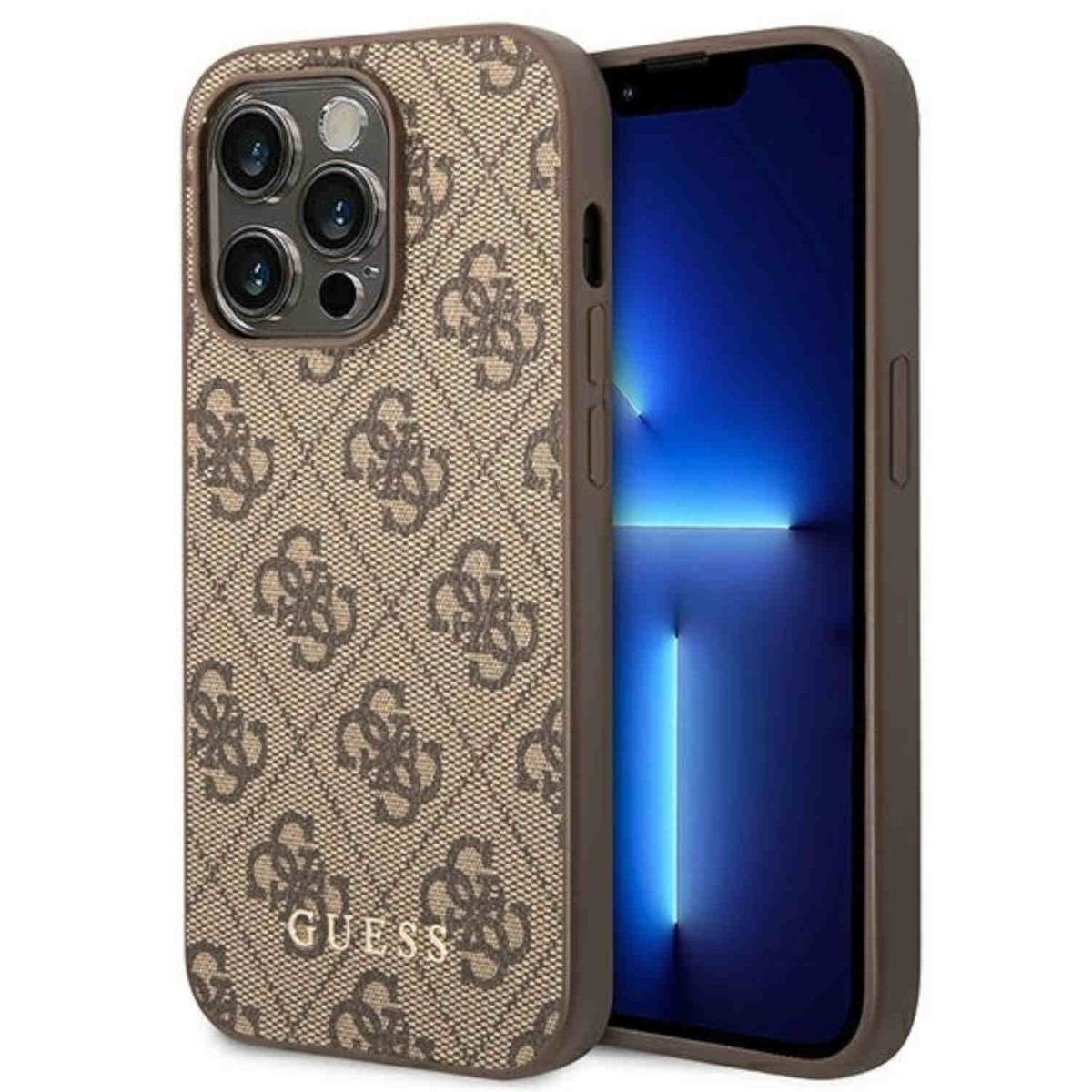 Guess Handyhülle Guess 4G Metal Gold Logo Apple iPhone 14 Pro Hard Case Cover Schutzhülle Braun