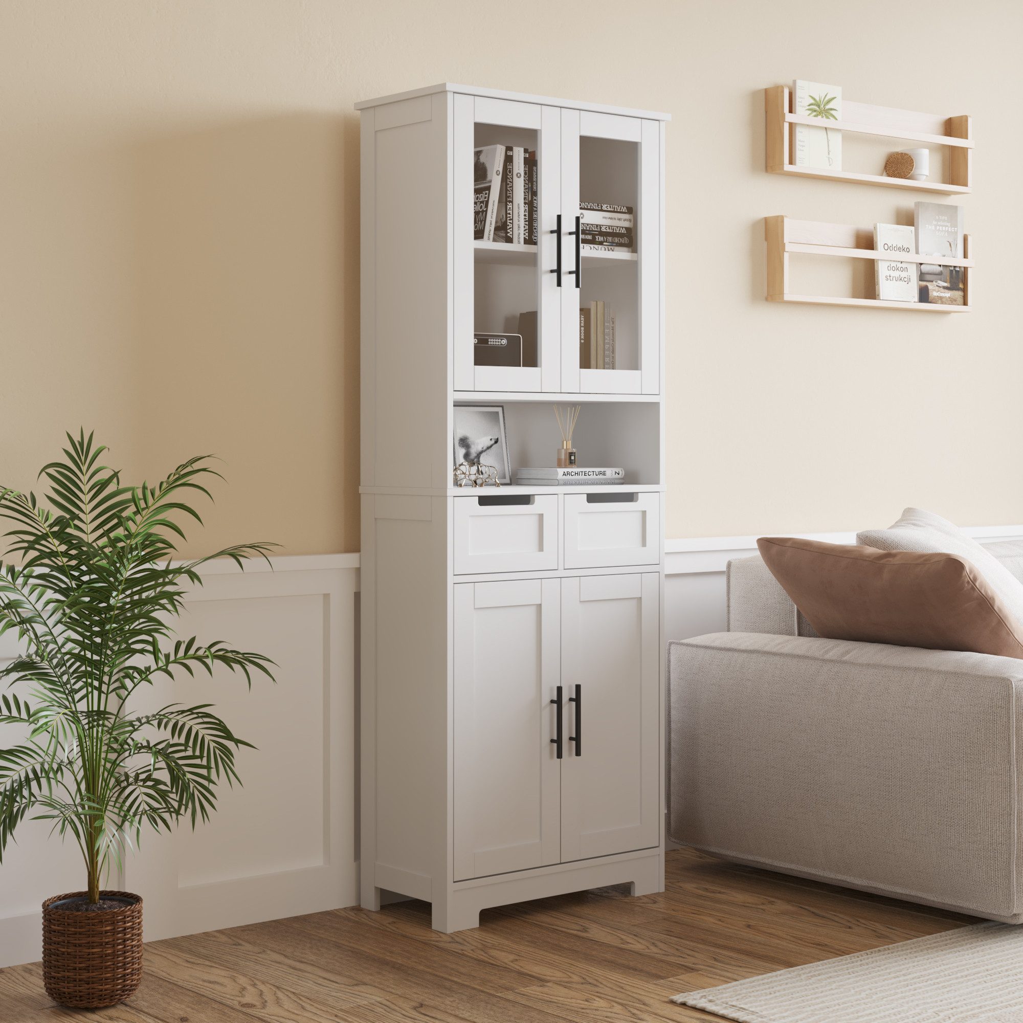 Karlhome Hochschrank Küchenschrank, Vorratsschrank mit 4 Türen und 2 Schubladen, Weiß (1-St) Schmaler Lagerschrank & Mehrzweckschrank, 60 x 30 x 170 cm – Bild 4 von 5