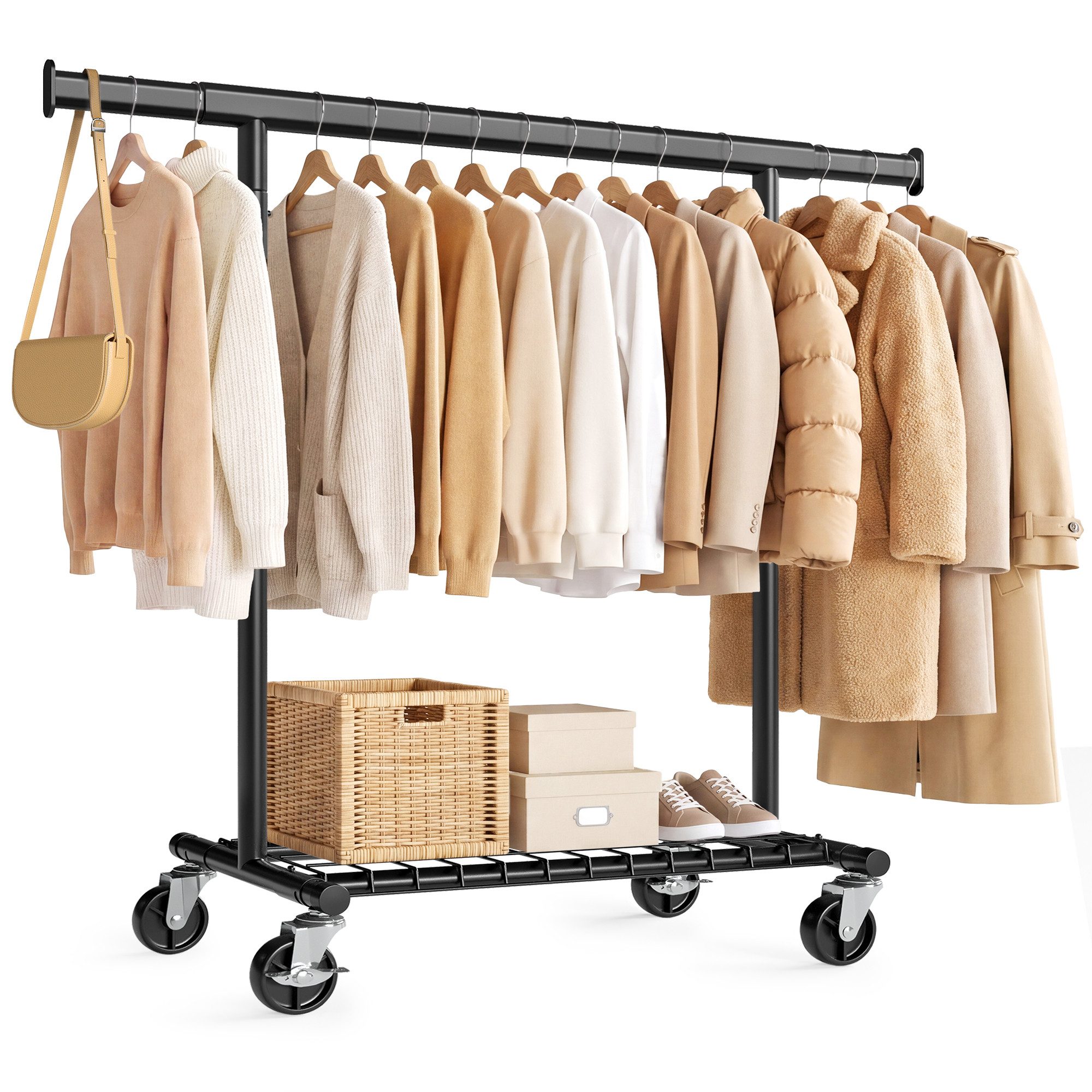SONGMICS Kleiderständer Schwerlast Kleiderständer auf Rollen Ausziehbare Kleiderstange, bis 180 kg mit Ablage 92-132 x 45 x 161,5 cm