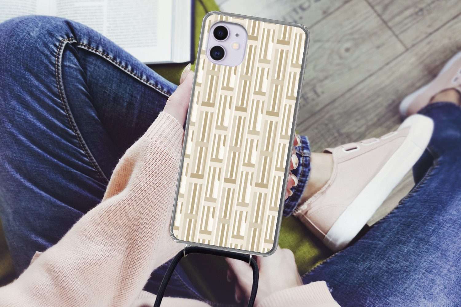 MuchoWow Handyhülle für Apple iPhone 12 Modern - Geometrisch - Beige, Tragbare Handyhüllen mit Kette zum umhängen, Handykette Handyband