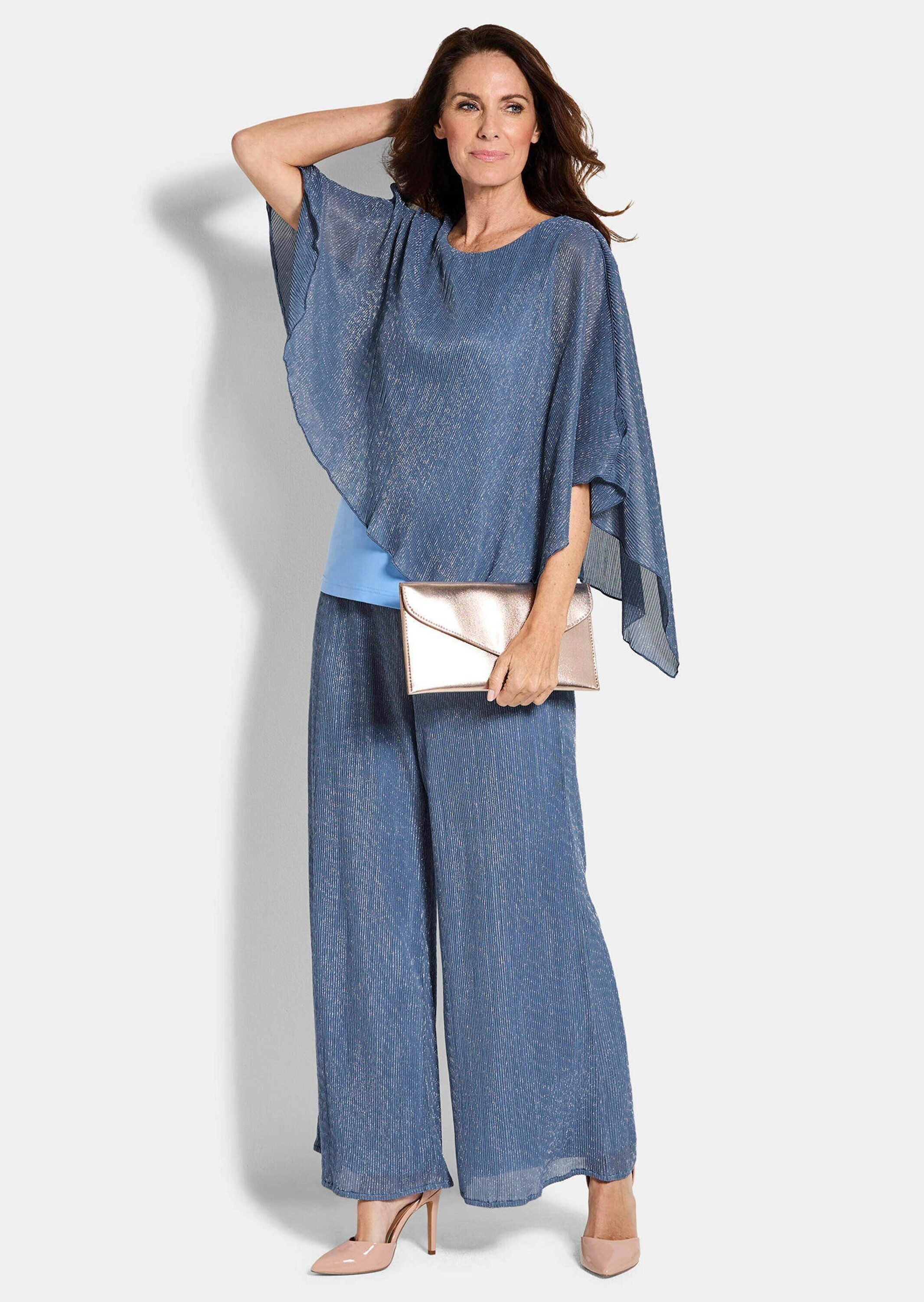 GOLDNER Print-Shirt Asymmetrisches Blusenshirt mit Glanzgarn Chiffonüberwurf mit U-Boot-Ausschnitt und 3/4-Arm