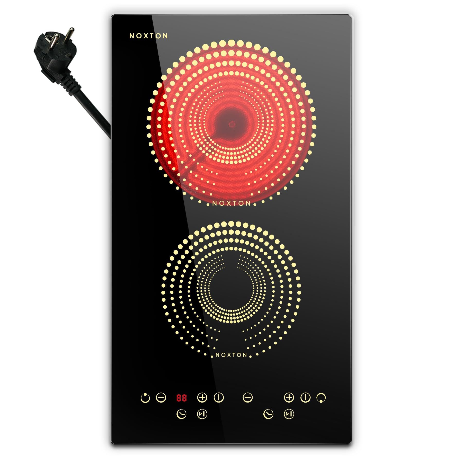 NOXTON Induktions-Kochfeld Autarkes Kochplatten 2er Elektrisch Glaskeramikkochfeld 2 Platten Einbau, 3000W Herdplatte 2 Варильні панелі, mit Stecker, Touch-Bedienung, Timer