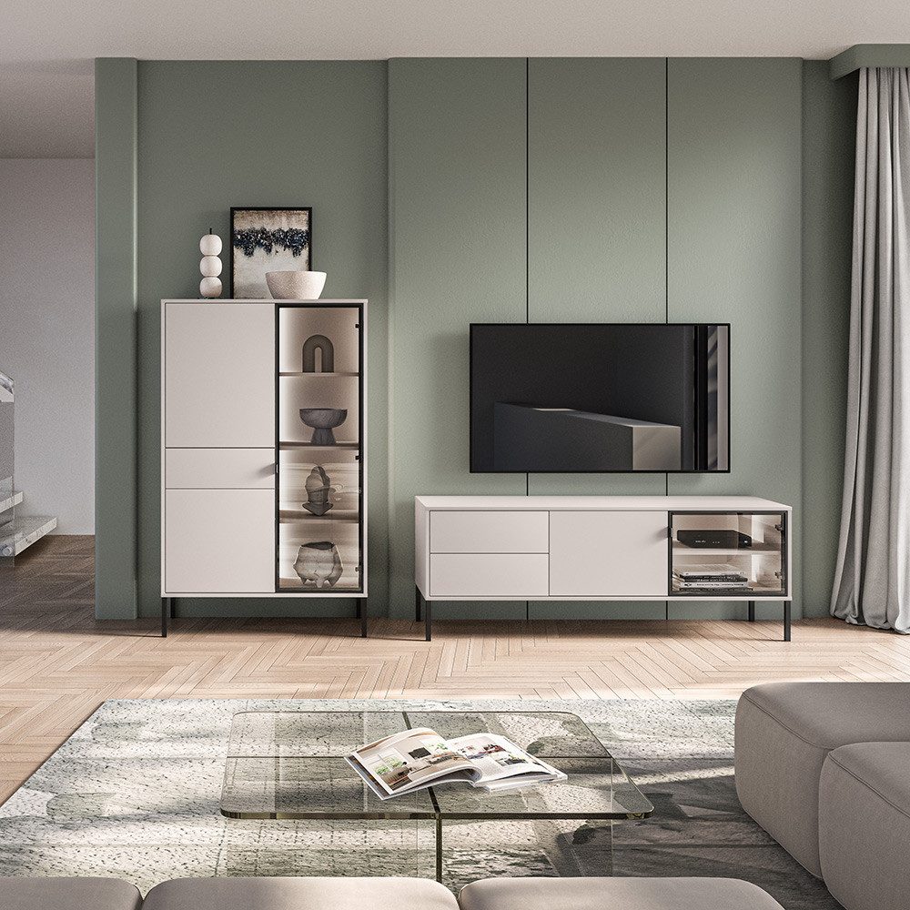 Lomadox Wohnzimmer-Set BANSIN-131, (Mega-Spar-Set, 2-St., Lowboard), in Kaschmir, LED-Beleuchtung, griffloses Design, Glasfront