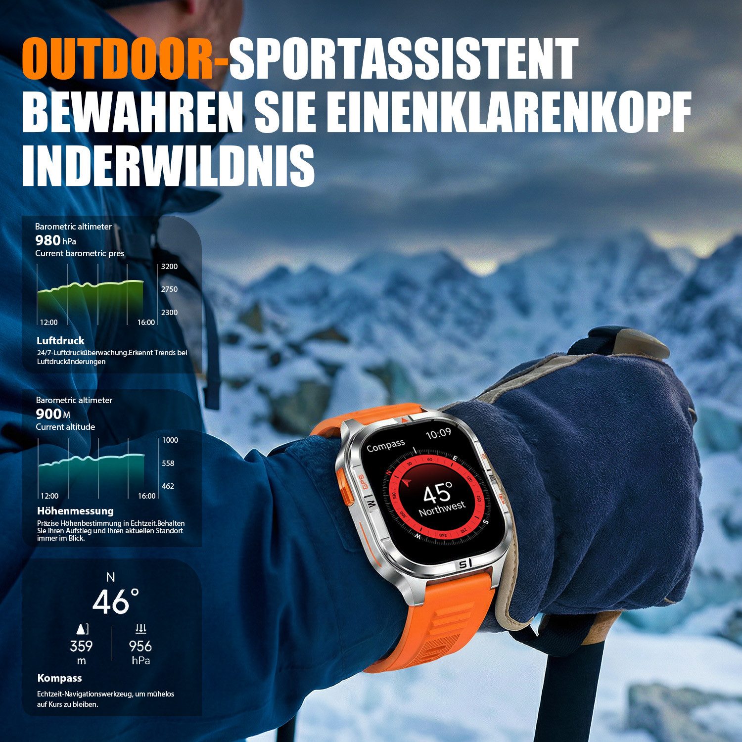 ANYSUN GPS Smartwatch Herren Militär mit LED Taschenlampen,Outdoor Smartwatch IP68 Wasserdicht Fitnessuhr,Kompass Smartwatch mit Telefonfunktion, Zwei Armbänder (Silikon + Metall), 100 Sportmodi, Pulsmesser,Schlafmonitor,Android/iOS