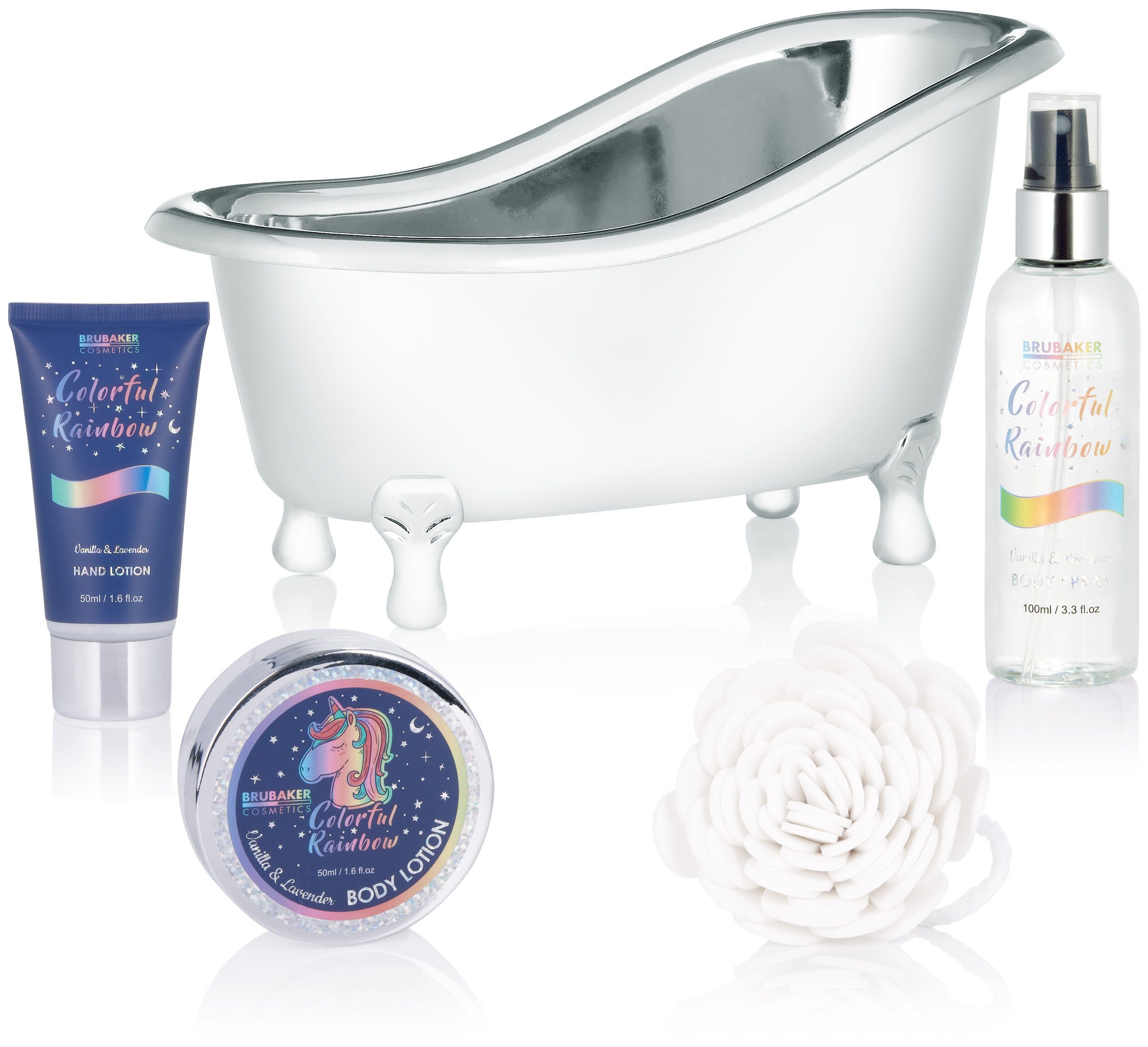 BRUBAKER Pflege-Geschenkset Einhorn Dusch- und Badeset Vanille & Lavendel Duft, 8-tlg., Frauen Geschenkset in Silber Wanne, Beauty Pflegeset für Damen