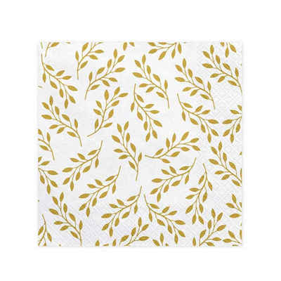 partydeco Einweggeschirr-Set Servietten - weiß mit goldenen Blättern - 33x33cm, Papier