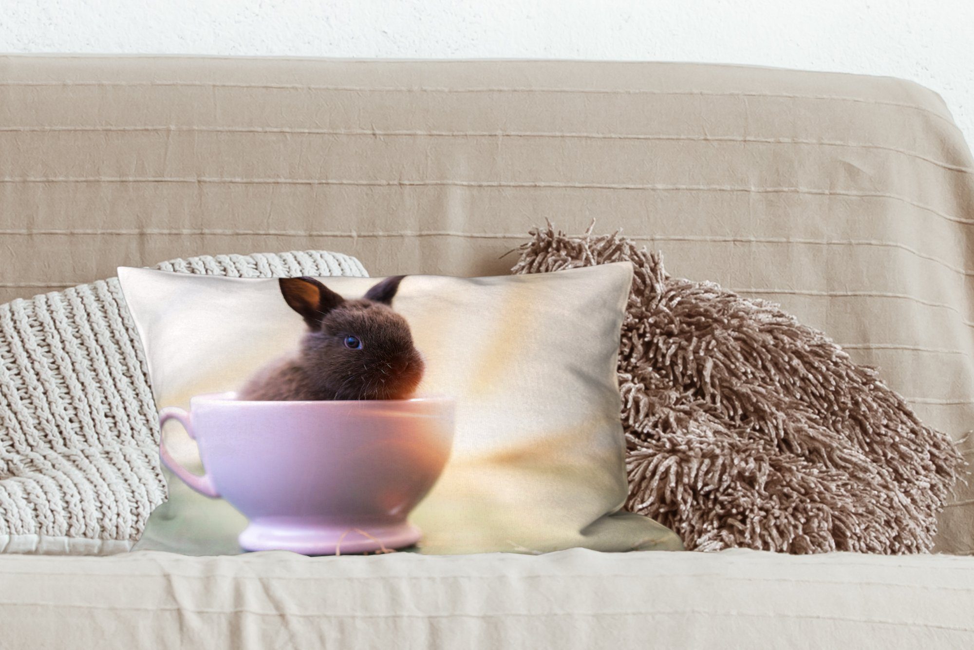 Wohzimmer Teetasse, - - Füllung, Dekokissen Kaninchen Dekokissen Schlafzimmer Zierkissen, Dekoration, mit MuchoWow Baby