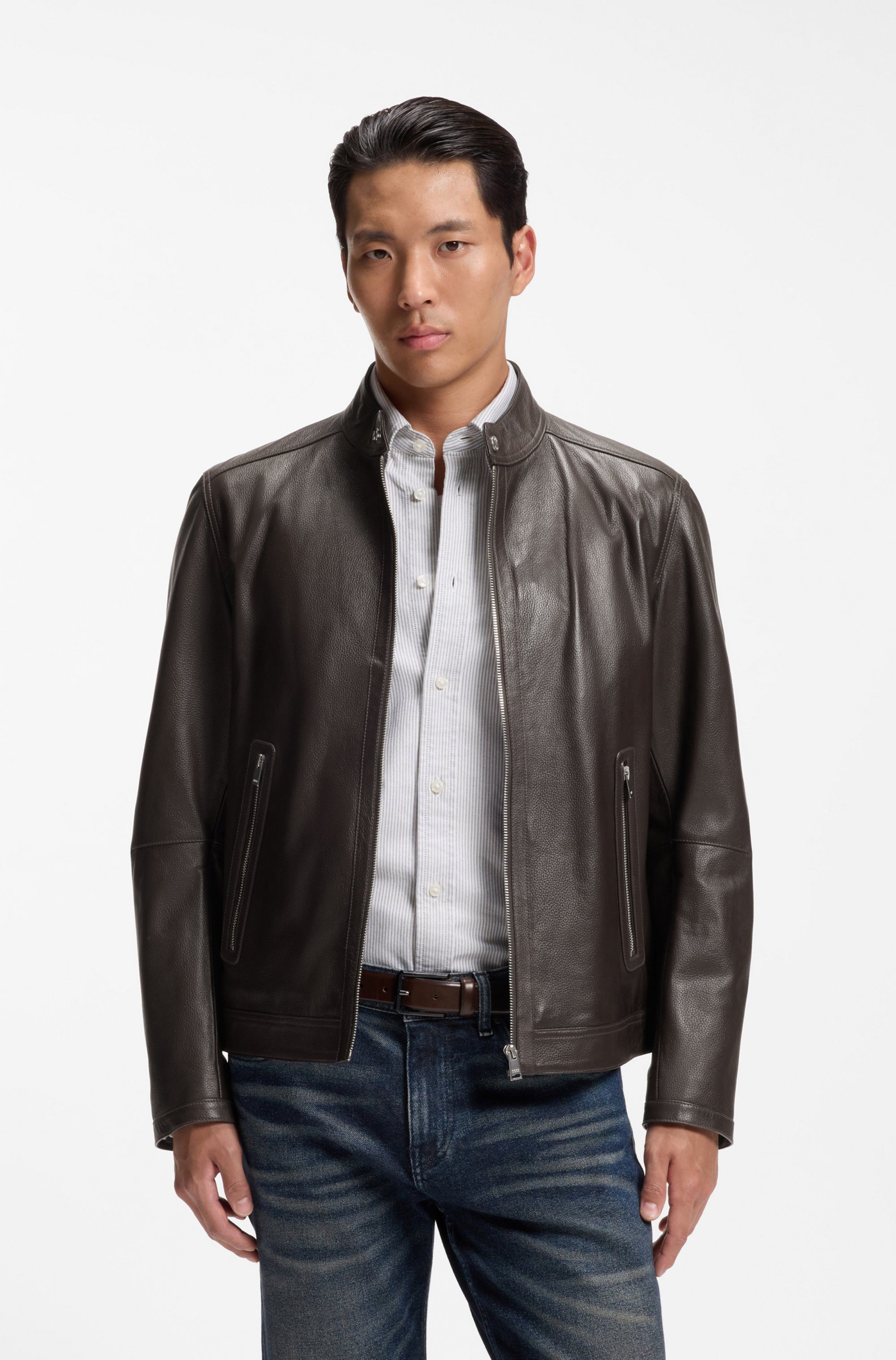BOSS Lederjacke H Mansell Stehkragen, genarbtes Leder, Regular Fit