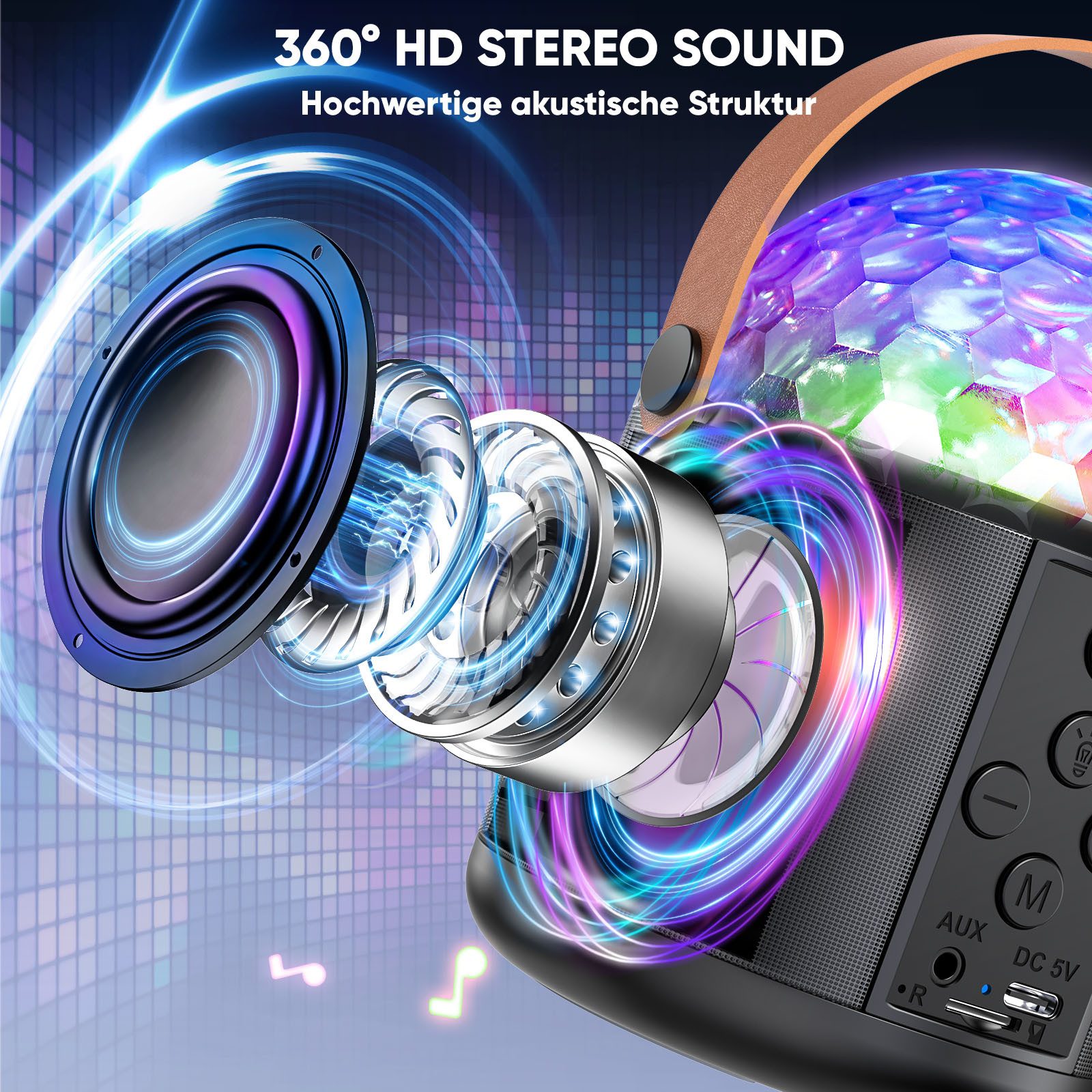 Wootoy Kinder-Lautsprecher Karaoke-Set Lautsprecher 2 kabellosen Mikrofonen Karaoke-Maschine (Bluetooth 6.0, HiFi-Stereo-Klang Rauschreduzierung und 5 Stimmeffekte)