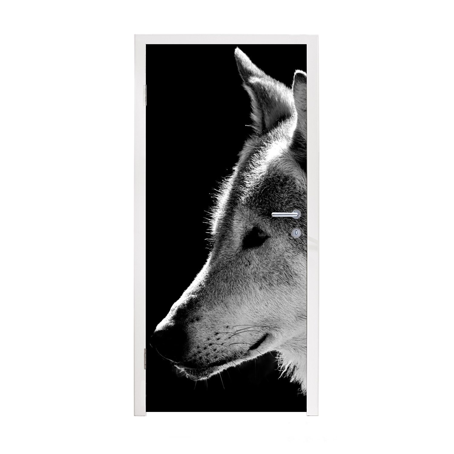 75x205 cm - St), MuchoWow Weiß, Matt, Tür, für Türtapete bedruckt, Schwarz Fototapete (1 Wildlife - Türaufkleber, - Wolf