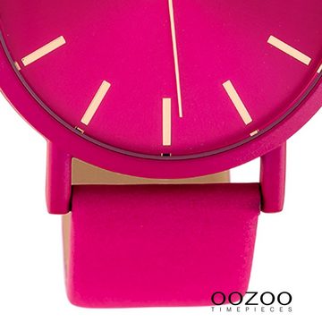 OOZOO Quarzuhr Oozoo Damen Armbanduhr fuchsia, (Analoguhr), Damenuhr rund, groß (ca. 42mm), Lederarmband violett, fuchsia, Fashion
