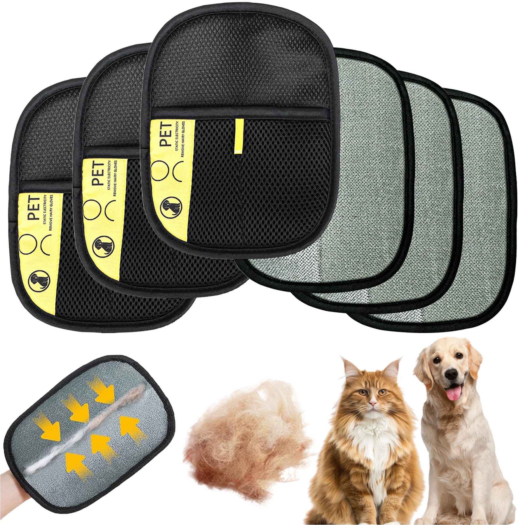 Mutig Fellpflegehandschuh 6 Stück Pet Hair Remover Katzenhandschuh, Doppelseitige Fellhandschuhe, Katze Pet Grooming Gloves, (Antistatische Handschuhe für Katzen und Hunde), für Waschen Enthaaren, Reinigung von Teppichen Sofas