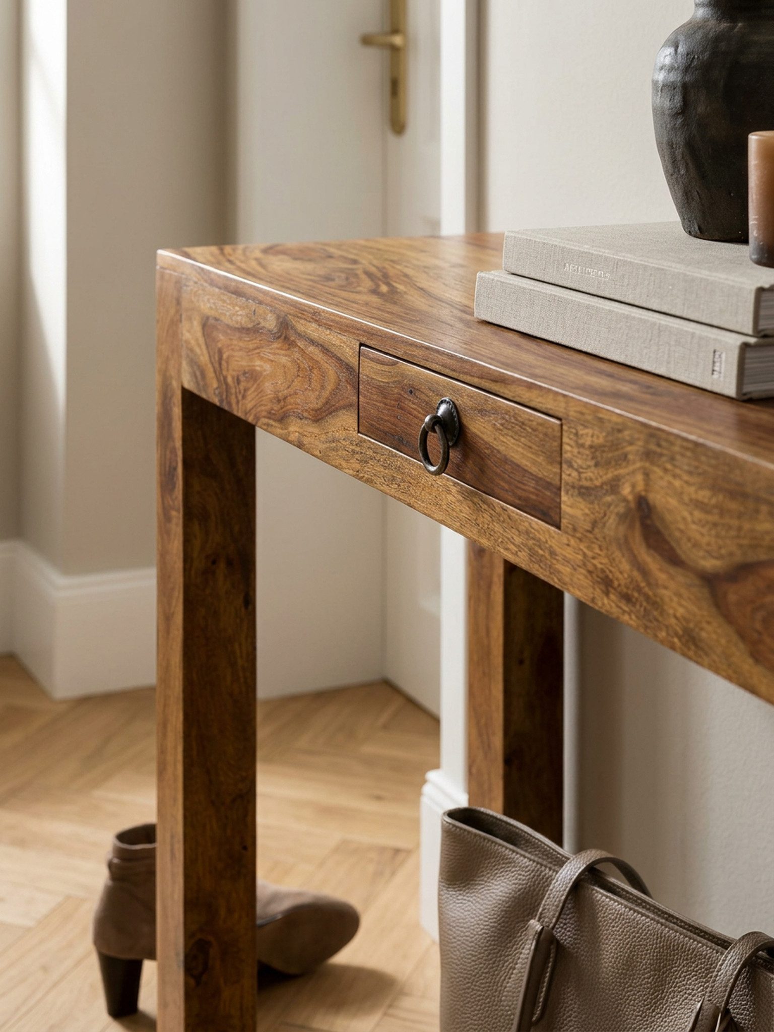 KADIMA DESIGN Konsolentisch Konsolentisch MUMBAI Massivholz Konsole mit 1 Schublade Flur Diele, Schreibtisch 120 x 40 cm Landhaus-Stil Sideboard – Bild 3 von 5