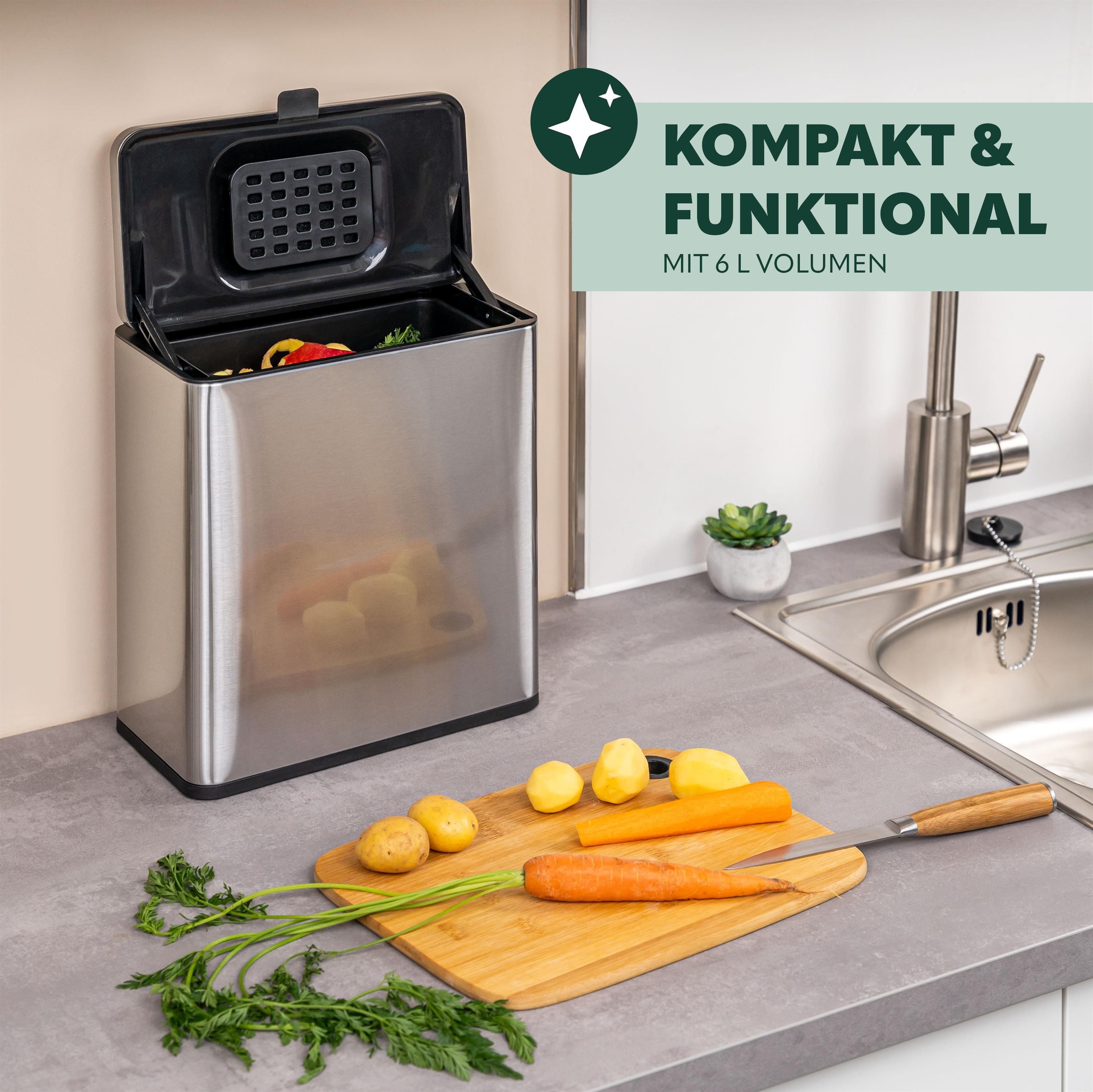 eluno Biomülleimer Biomülleimer 6L mit Kohlefilter, Hängen & Stellen, Komposteimer