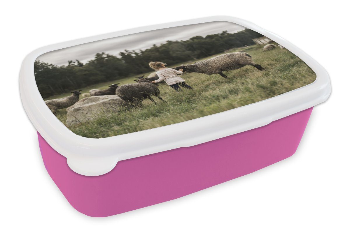 MuchoWow Lunchbox Snackbox, für Mädchen, Mädchen Schaf - Erwachsene, Kinder, Kunststoff (2-tlg), Brotbox rosa Kunststoff, Brotdose Gras, -