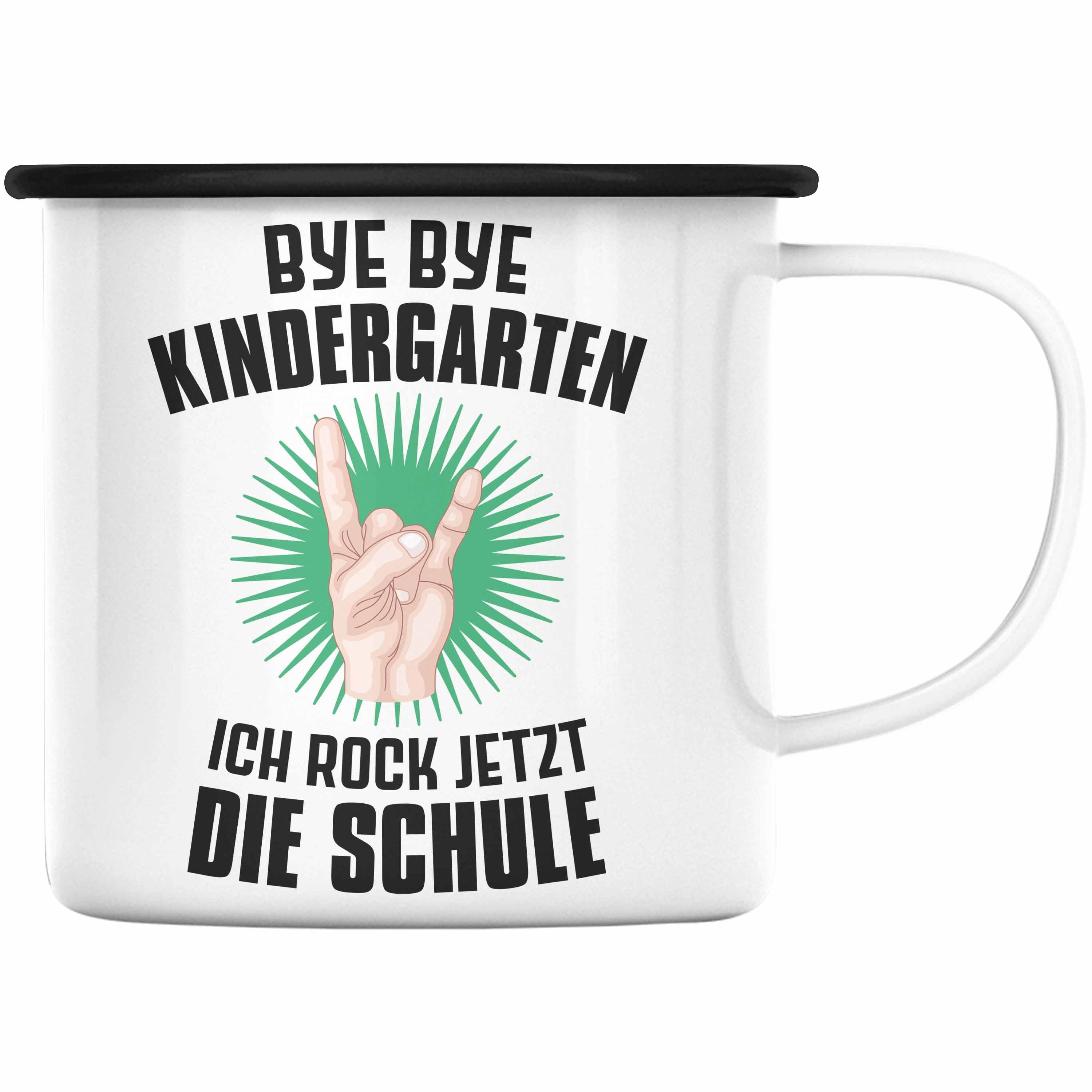 Trendation Thermotasse Trendation - Einschulung Junge Rocke Jetzt Die Schule Geschenk für Schultüte Füllung Emaille Tasse Schulstart 1. Schultag Schuleinführung Schulanfang Geschenkidee Schulkind 2022 Schwarz