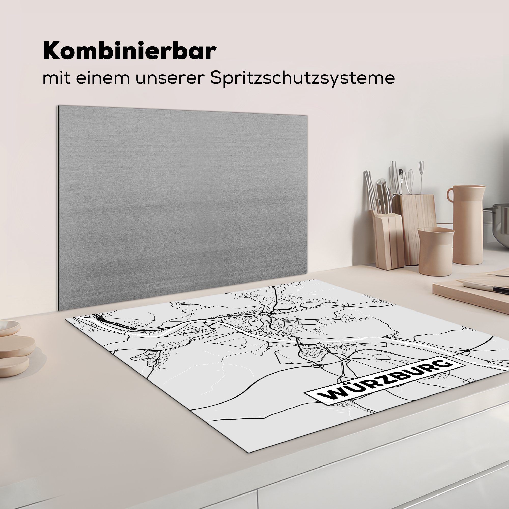 - - MuchoWow Ceranfeldabdeckung, cm, - küche (1 Herdblende-/Abdeckplatte Stadtplan Arbeitsplatte Karte, 78x78 Vinyl, Würzburg Deutschland tlg), für