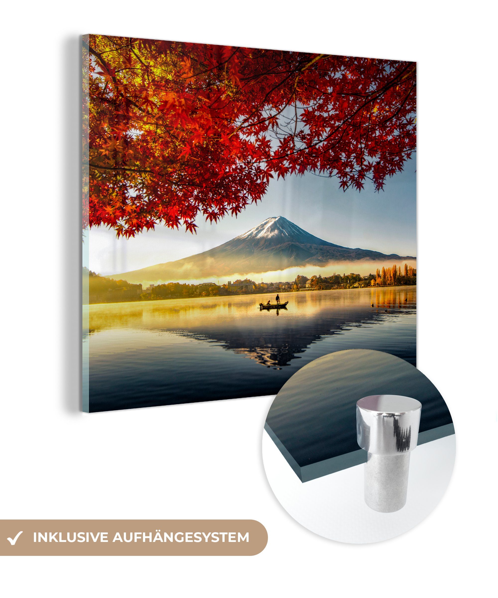MuchoWow Acrylglasbild Spiegelung des - auf St), Glas Wandbild Wanddekoration See, Bilder Foto - Glasbilder Fuji einem (1 Glas auf Berges - in