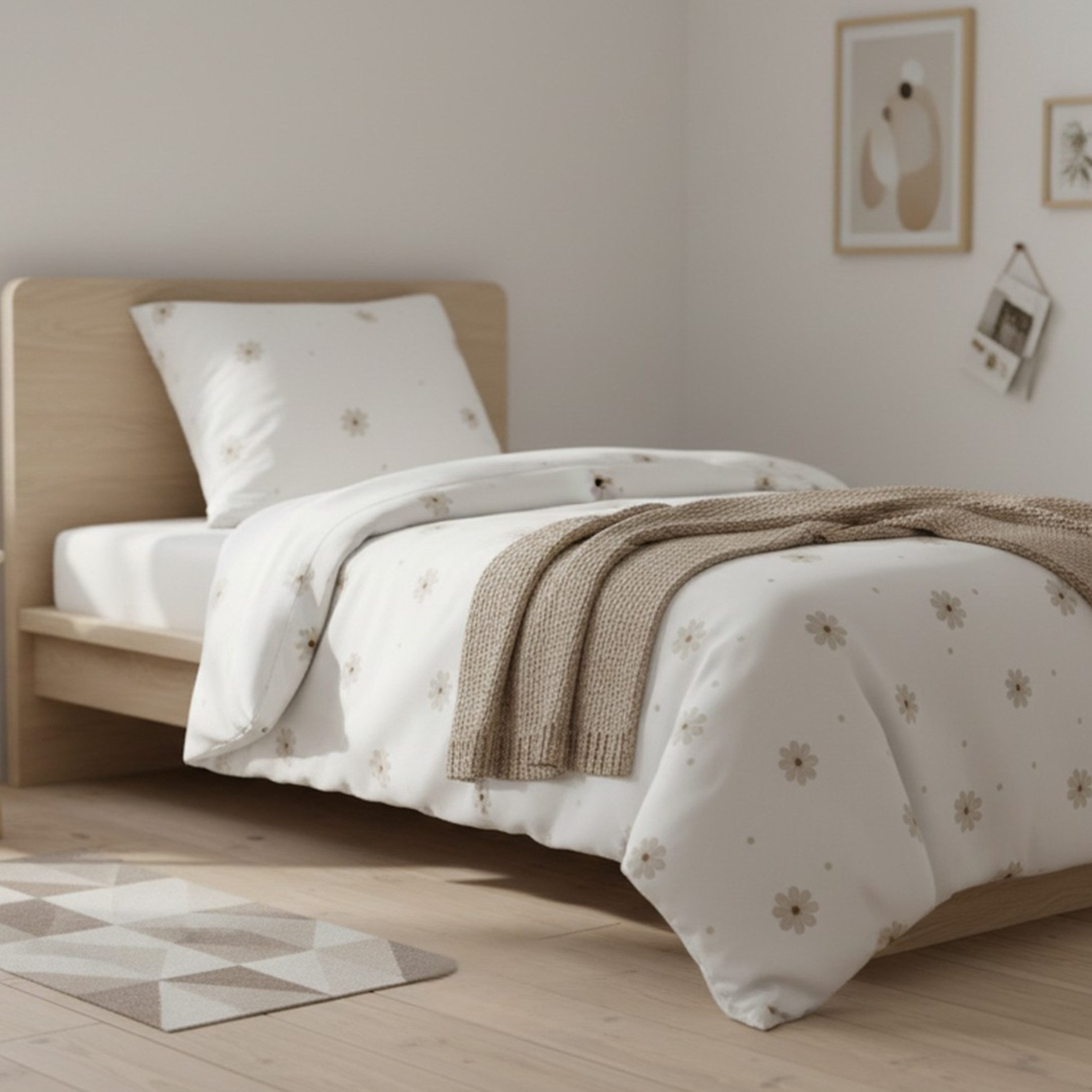 MTOnlinehandel Bettwäsche Flower Power 135x200 + 80x80 cm in Renforcé, zarte Blümchen, 100% Baumwolle, 2 teilig, florales Design – zeitlos schön in Weiß und Beige