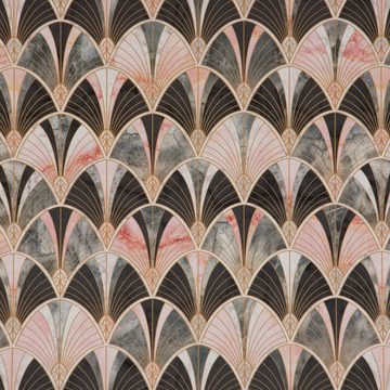 Vorhang SCHÖNER LEBEN. Vorhang Art Deco Bogen Marmor grün rosa braun 245cm, SCHÖNER LEBEN., Smokband (1 St), blickdicht, Baumwolle, handmade, made in Germany, vorgewaschen