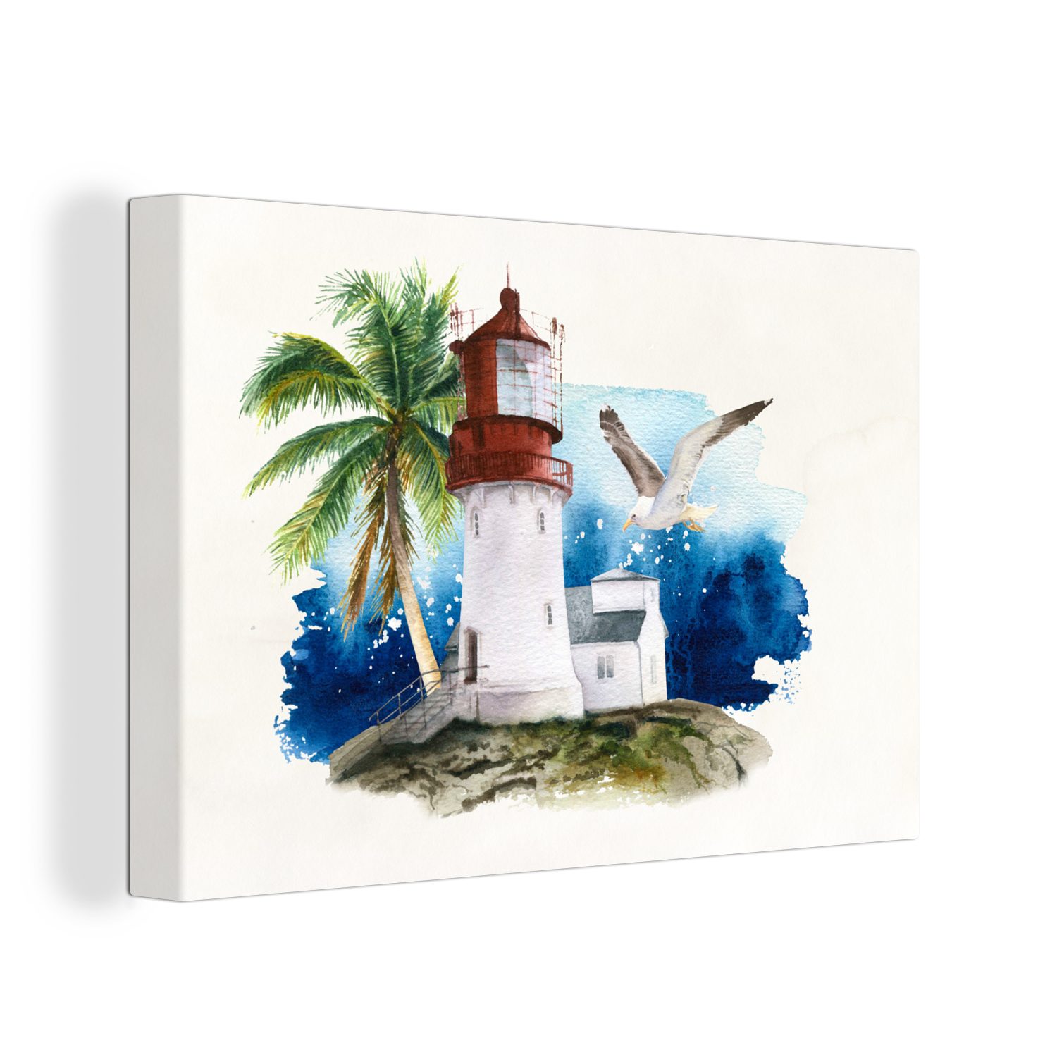 OneMillionCanvasses® Leinwandbild Leuchtturm - Palme - Vogel - Meer, (1 St), Wandbild Leinwandbilder, Aufhängefertig, Wanddeko, 30x20 cm