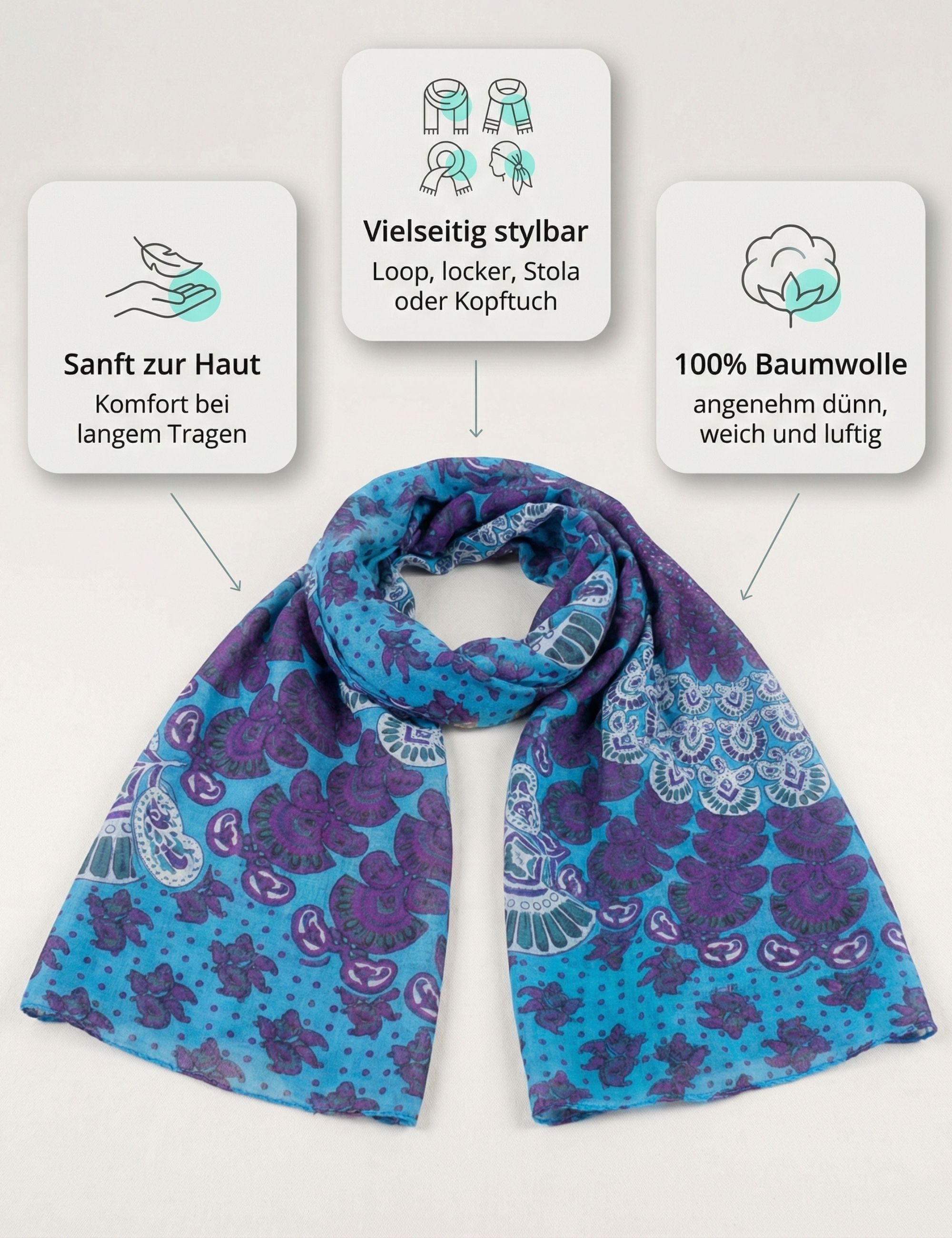 Sunsa Halstuch Damen Schal Tuch Baumwolle Halstuch Sommer Scarf mit Blumen, Blumenmotive Aufdruck