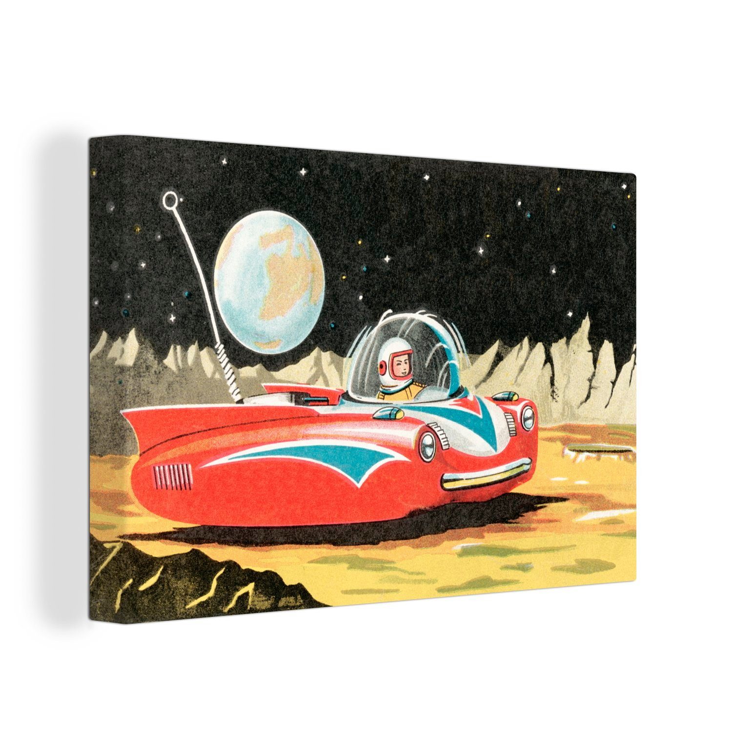 OneMillionCanvasses® Leinwandbild Eine Science-Fiction-Illustration eines Mannes auf dem Mond, (1 St), Wandbild Leinwandbilder, Aufhängefertig, Wanddeko, 30x20 cm